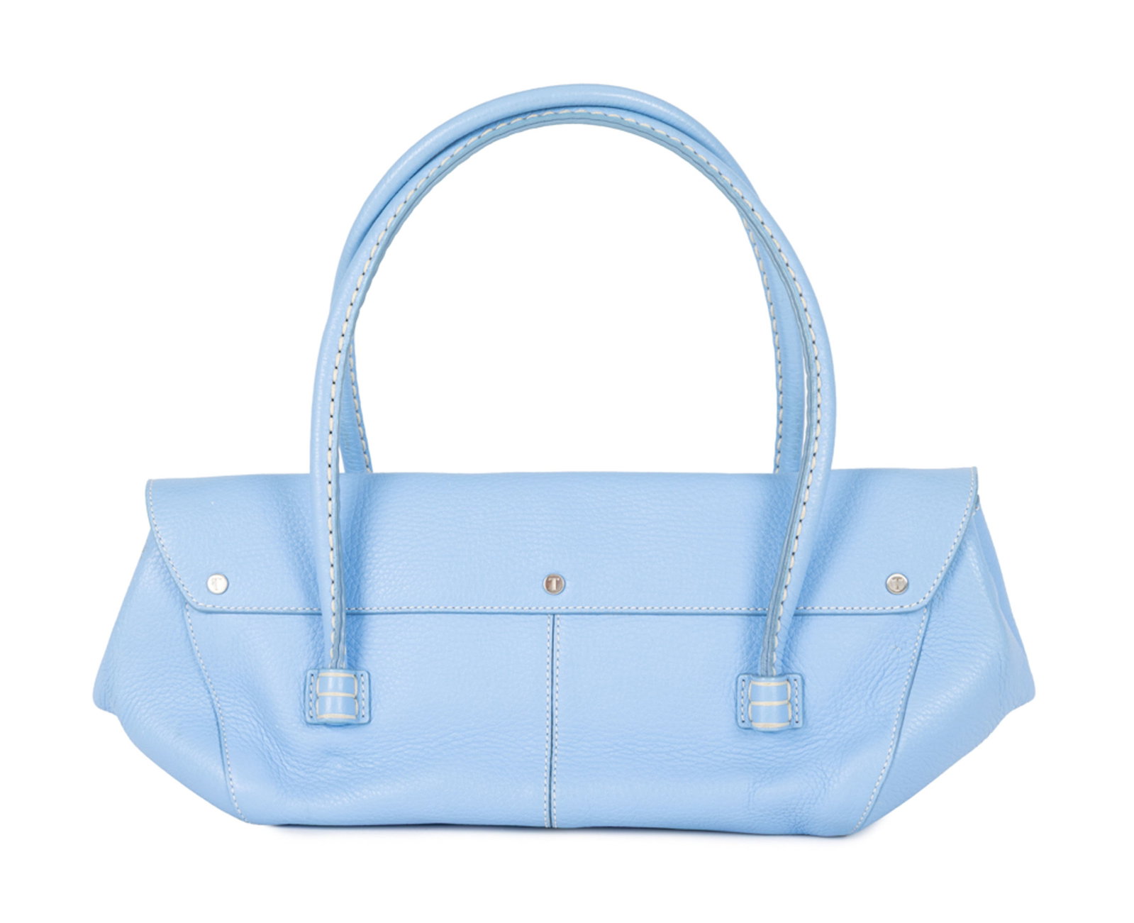 Tod’s, sac à main Baguette en cuir bleu ciel grainé, doubles anses, rabat à bou: Tod’s, sac à main Baguette en cuir bleu ciel grainé, doubles anses, rabat à bouton-pression et garnitures en métal couleur argent, 16x27 cm Condition Très bon état