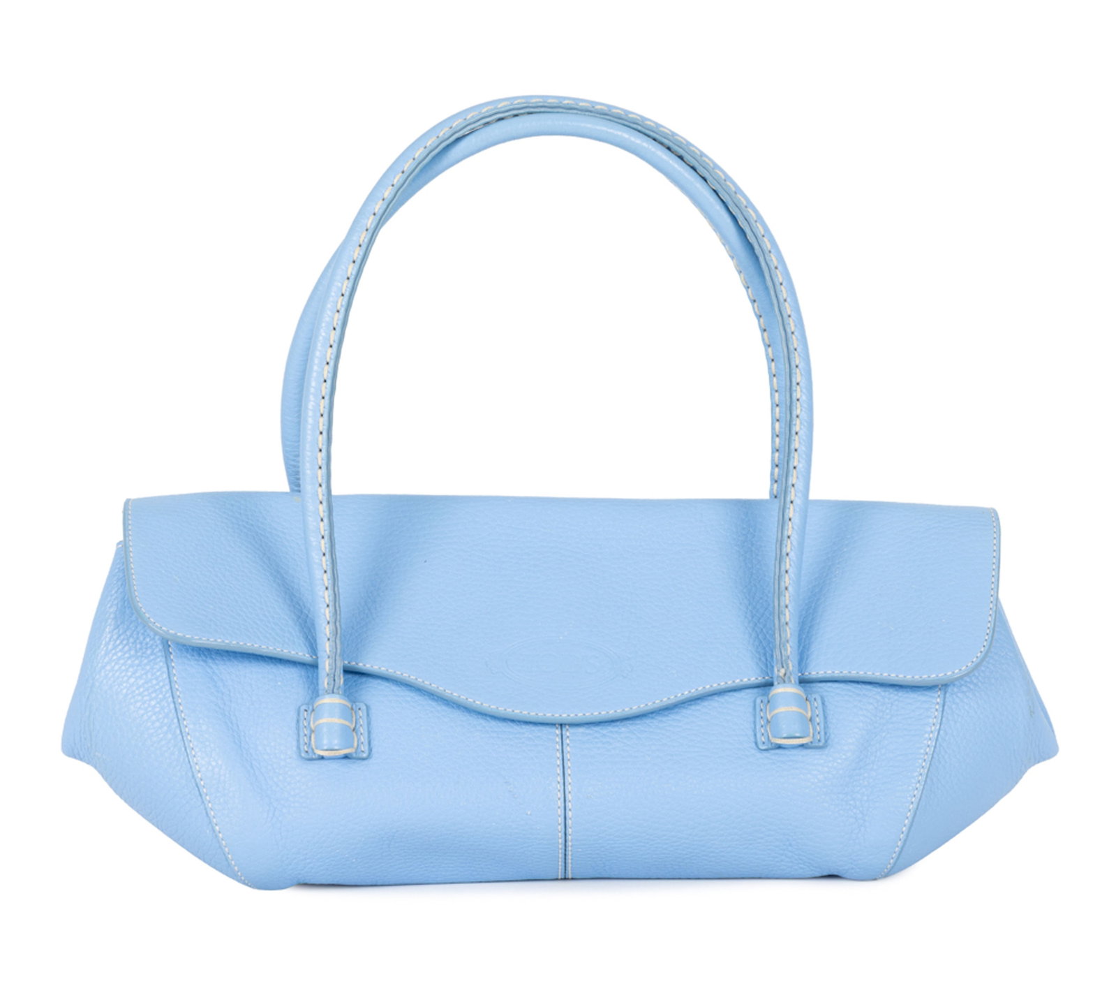 Tod’s, sac à main Baguette en cuir bleu ciel grainé, doubles anses, rabat à bou - 2