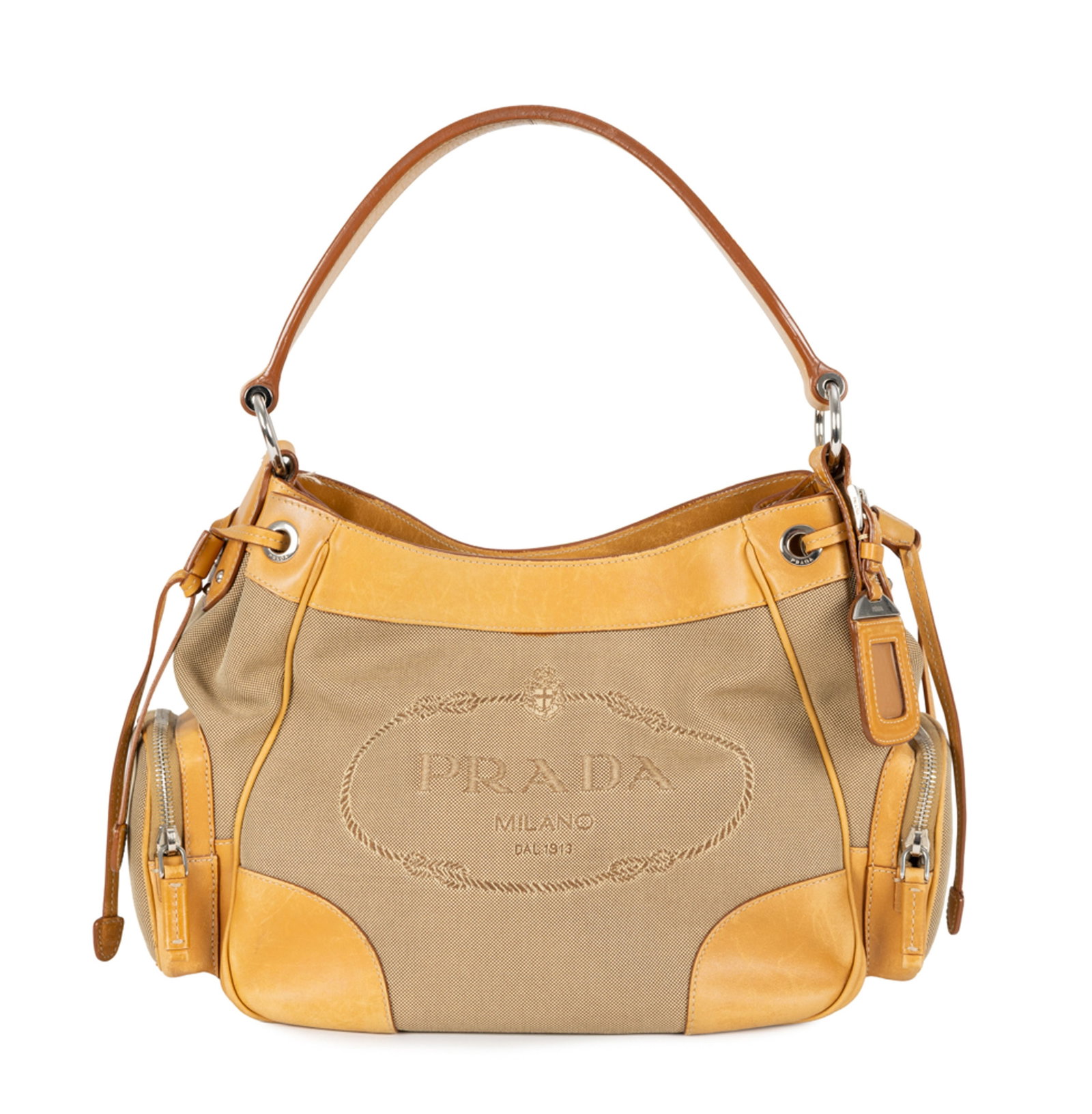 Prada, sac Jacquard Hobo en cuir naturel et toile, petite pochette externe de chaque côté,: Prada, sac Jacquard Hobo en cuir naturel et toile, petite pochette externe de chaque côté, housse, 22x28 cm Condition Moyen à mauvais état de conservation le cuir naturel est