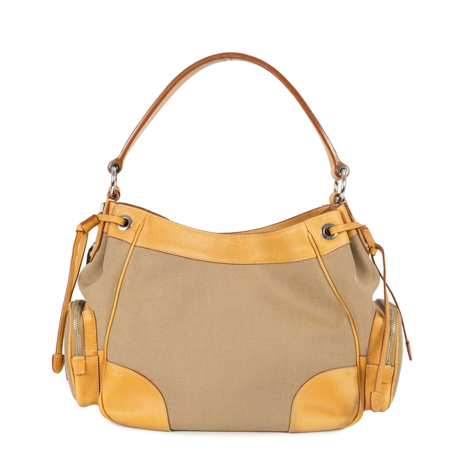 Prada, sac Jacquard Hobo en cuir naturel et toile, petite pochette externe de chaque côté, - 2