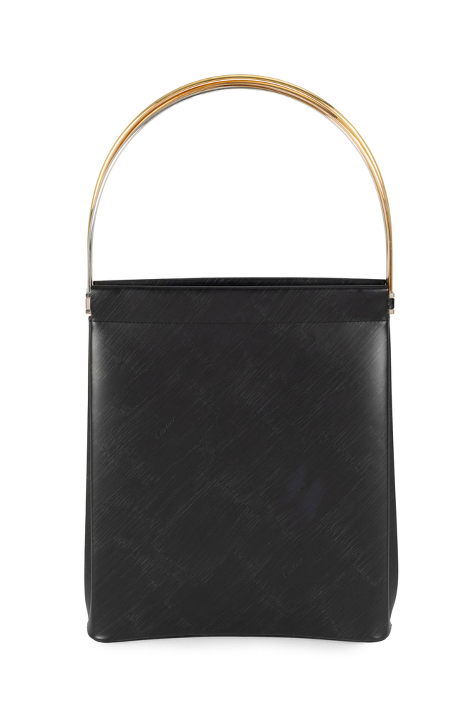 Cartier, sac Trinity en cuir de veau noir à l'effet brossé, fermeture articulée, anse: Cartier, sac Trinity en cuir de veau noir à l'effet brossé, fermeture articulée, anse Trinity en métal tricolore à l'imitation or rose, gris, jaune, housse, 24,5x20 cm