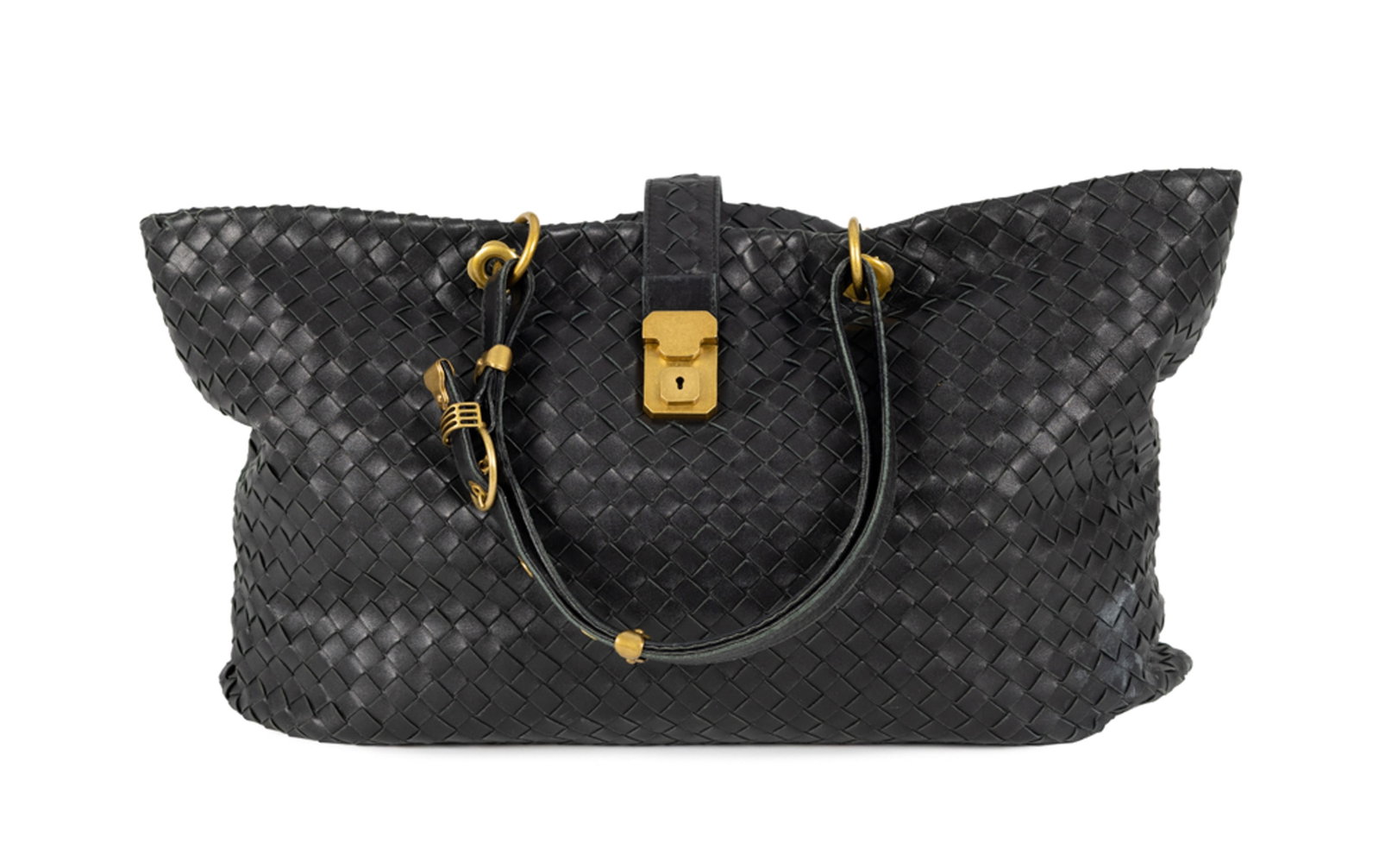 Bottega Veneta, grand sac Capri en cuir nappa noir tressé Intrecciato, garnitures en métal: Bottega Veneta, grand sac Capri en cuir nappa noir tressé Intrecciato, garnitures en métal doré, doubles anses, fermoir à poussoir et cadenas, tirette avec petite clef, 25x30 cm