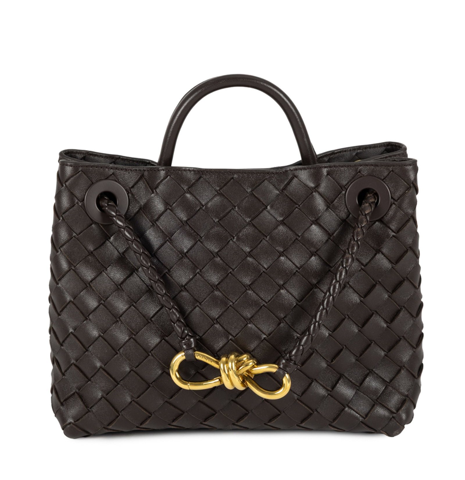 Bottega Veneta, sac Andiamo en cuir brun tressé Intrecciato, anse supérieure, bandouli: Bottega Veneta, sac Andiamo en cuir brun tressé Intrecciato, anse supérieure, bandoulière coulissante tressée et détail Knot en métal doré, 19x24 cm Condition Tr