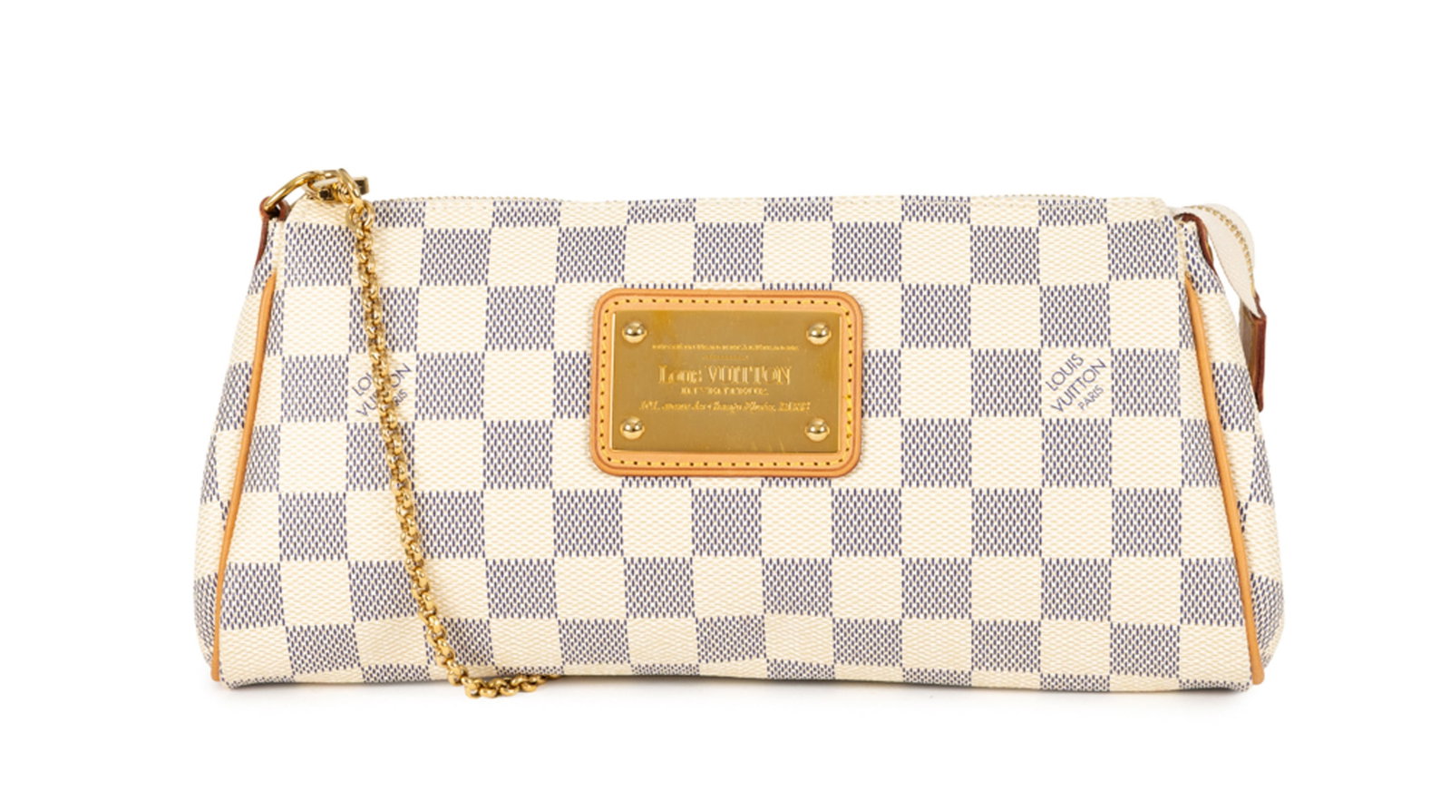 Louis Vuitton, pochette Eva en toile Damier Azur, plaque siglée, chaîne en métal dor&: Louis Vuitton, pochette Eva en toile Damier Azur, plaque siglée, chaîne en métal doré et garnitures en cuir naturel, 12x25 cm Condition Très bon état de conservation Peu