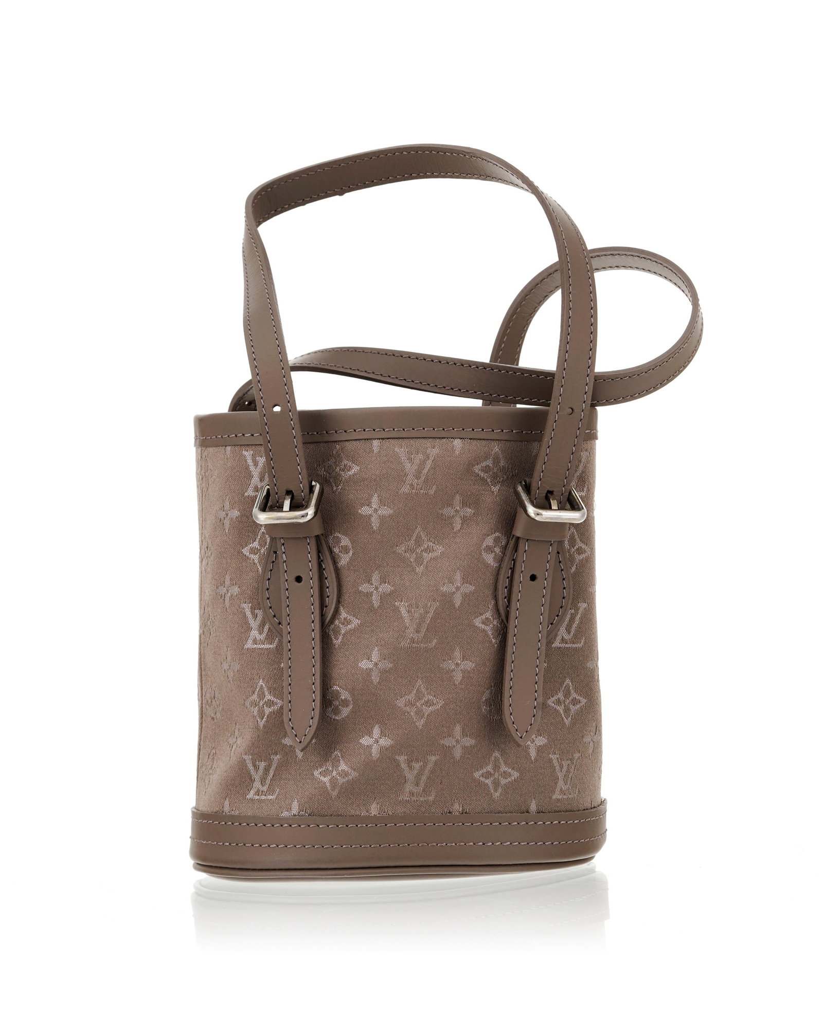Louis Vuitton, sac Petit Bucket PM en toile Monogram Mini Lin taupe et cuir assorti, doubles anses r: Louis Vuitton, sac Petit Bucket PM en toile Monogram Mini Lin taupe et cuir assorti, doubles anses réglables et garnitures métalliques, 13x12 cm