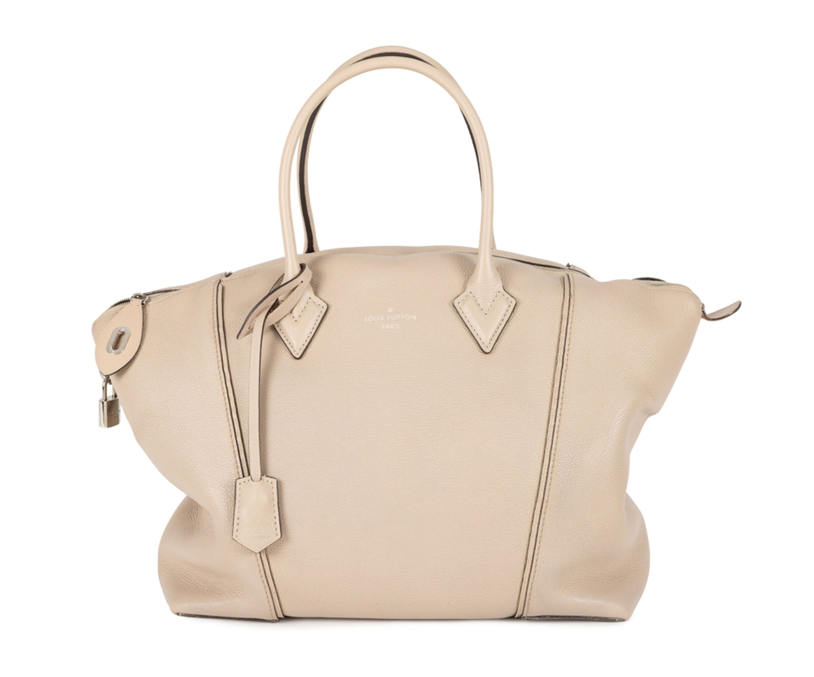 Louis Vuitton, sac Soft Lockit MM en cuir de veau Cachemire Galet, garnitures en métal couleur : Louis Vuitton, sac Soft Lockit MM en cuir de veau Cachemire Galet, garnitures en métal couleur argent, doubles anses, fermeture zippée, cadenas et clochette, bandoulière, housse, 25x32