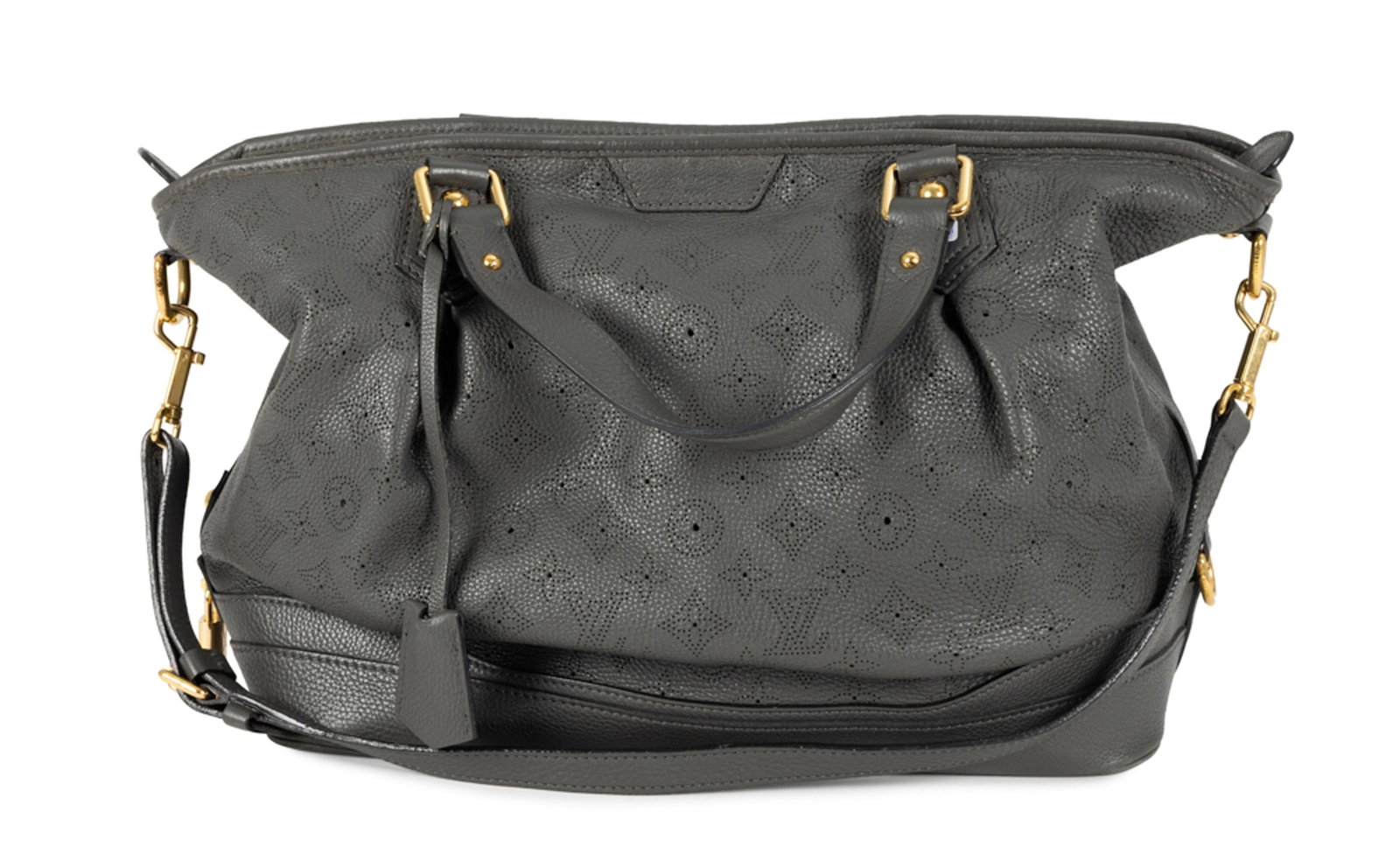 Louis Vuitton, sac Stellar GM en cuir Mahina gris anthracite perforé du motif Monogram, garnitu: Louis Vuitton, sac Stellar GM en cuir Mahina gris anthracite perforé du motif Monogram, garnitures en métal doré, doubles anses, bandoulière amovible, tirette et clochette avec 2