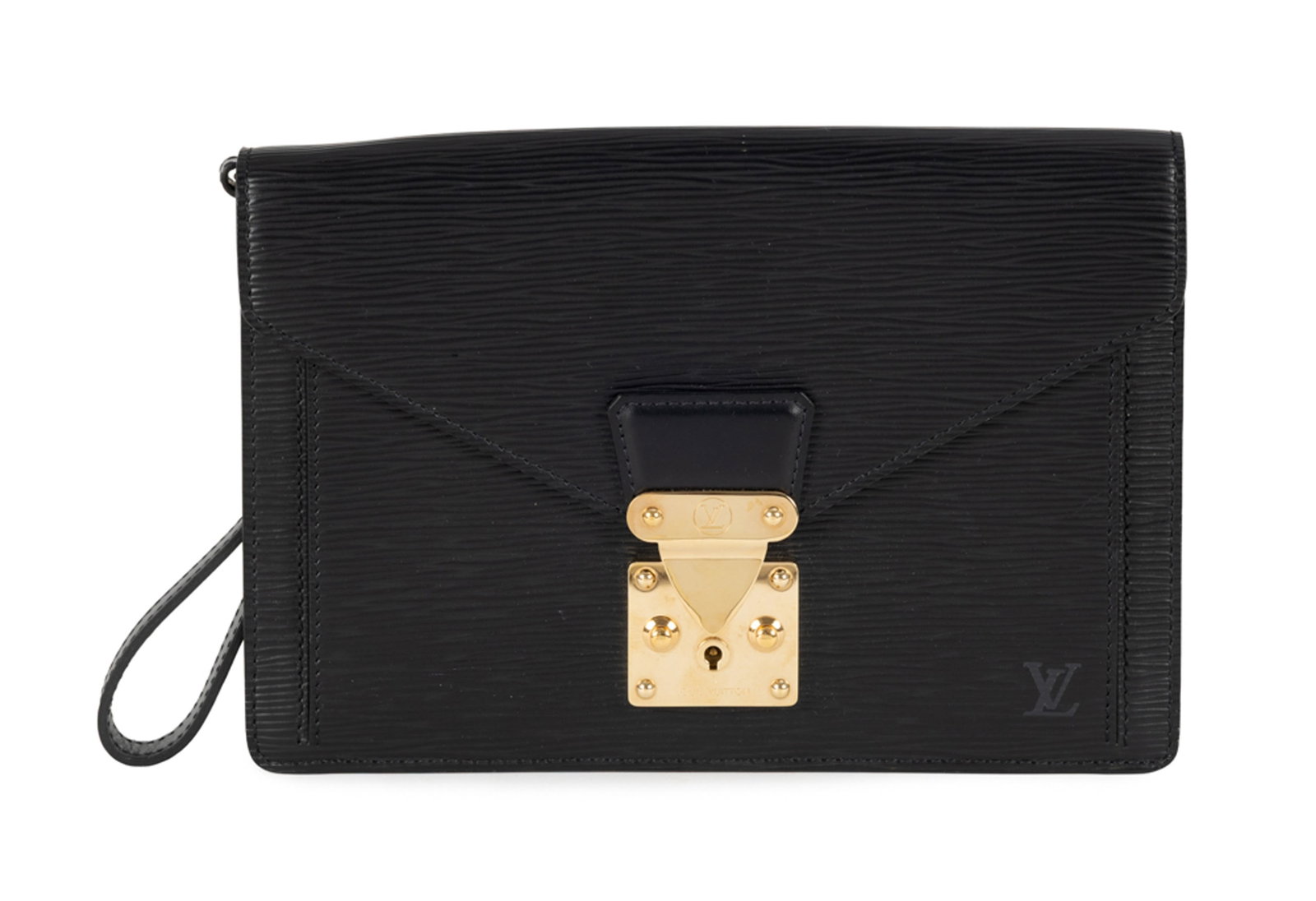 Louis Vuitton, pochette Sellier Dragonne en cuir Épi noir, garnitures en métal doré, : Louis Vuitton, pochette Sellier Dragonne en cuir Épi noir, garnitures en métal doré, fermoir à poussoir et dragonne en cuir, housse (sans clef), 18x26 cm Condition Très bon