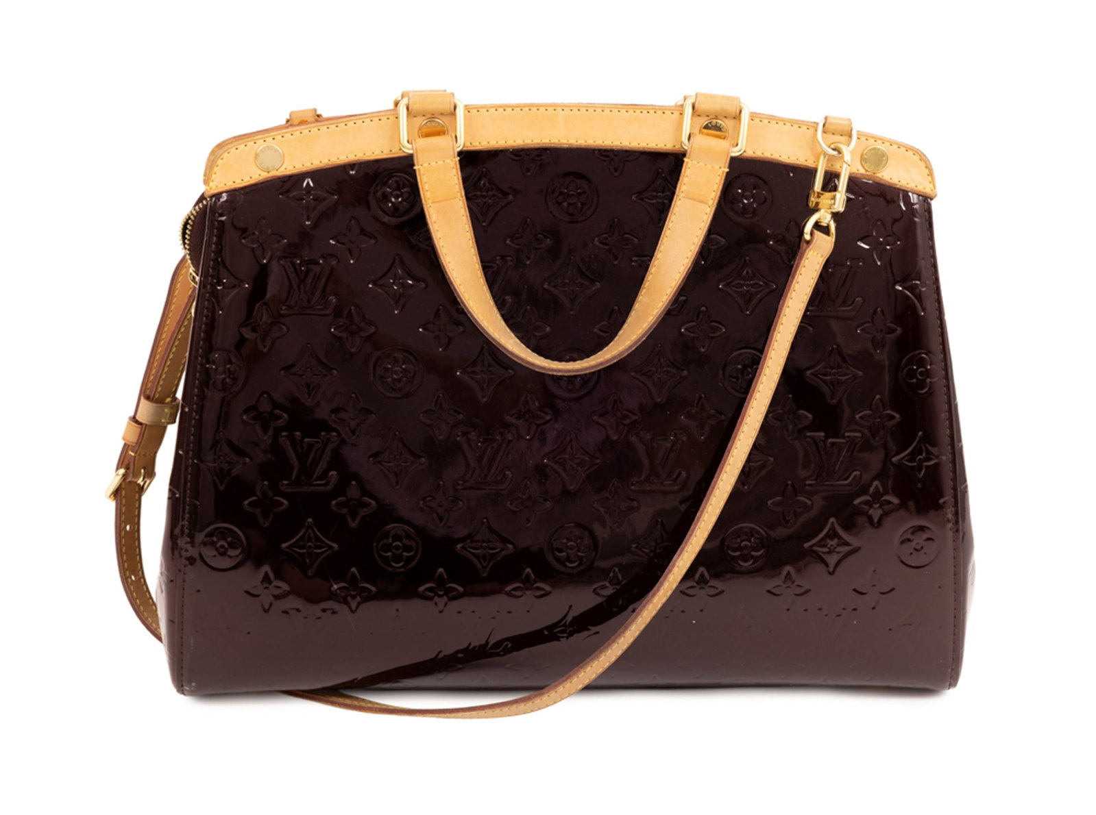 Louis Vuitton, sac Brea GM en cuir Monogram Vernis Amarante, garnitures en cuir naturel et méta: Louis Vuitton, sac Brea GM en cuir Monogram Vernis Amarante, garnitures en cuir naturel et métal doré, doubles anses, bandoulière amovible et fermeture zippée, housse, facture d'or