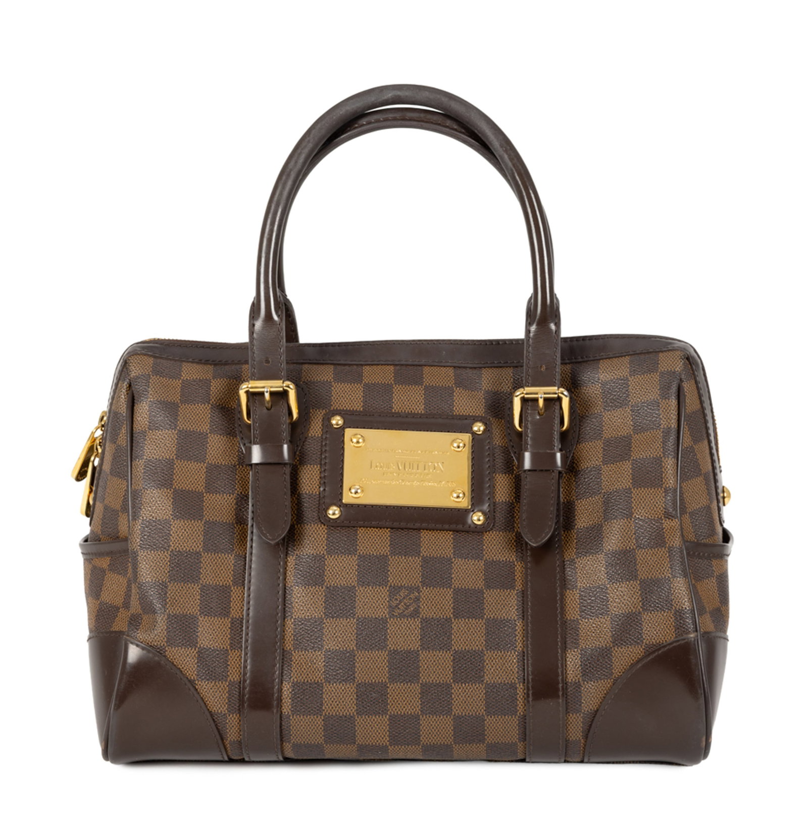 Louis Vuitton, sac Berkeley en toile Damier Ébène et cuir brun, garnitures en métal d: Louis Vuitton, sac Berkeley en toile Damier Ébène et cuir brun, garnitures en métal doré, doubles anses réglables, plaque siglée, poches latérales et fermeture