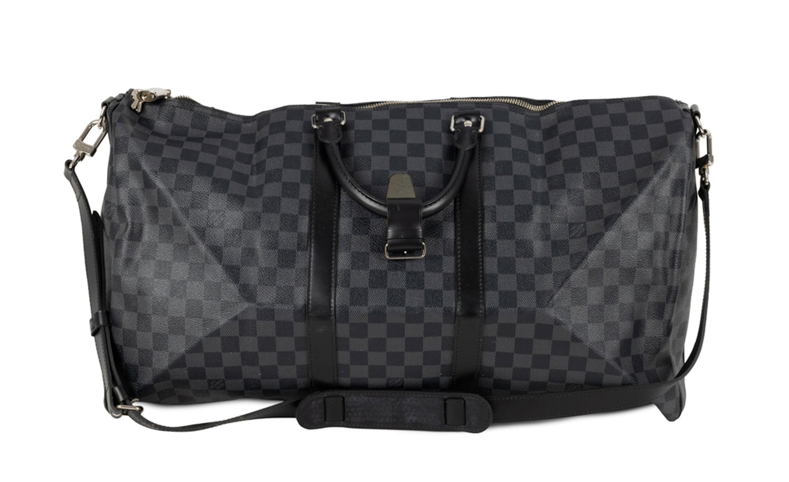 Louis Vuitton, sac Keepall 55 en toile toile enduite Damier Graphite et cuir noir lisse, bandouli: Louis Vuitton, sac Keepall 55 en toile toile enduite Damier Graphite et cuir noir lisse, bandoulière amovible, 2 clefs et cadenas, 30x55x26 cm