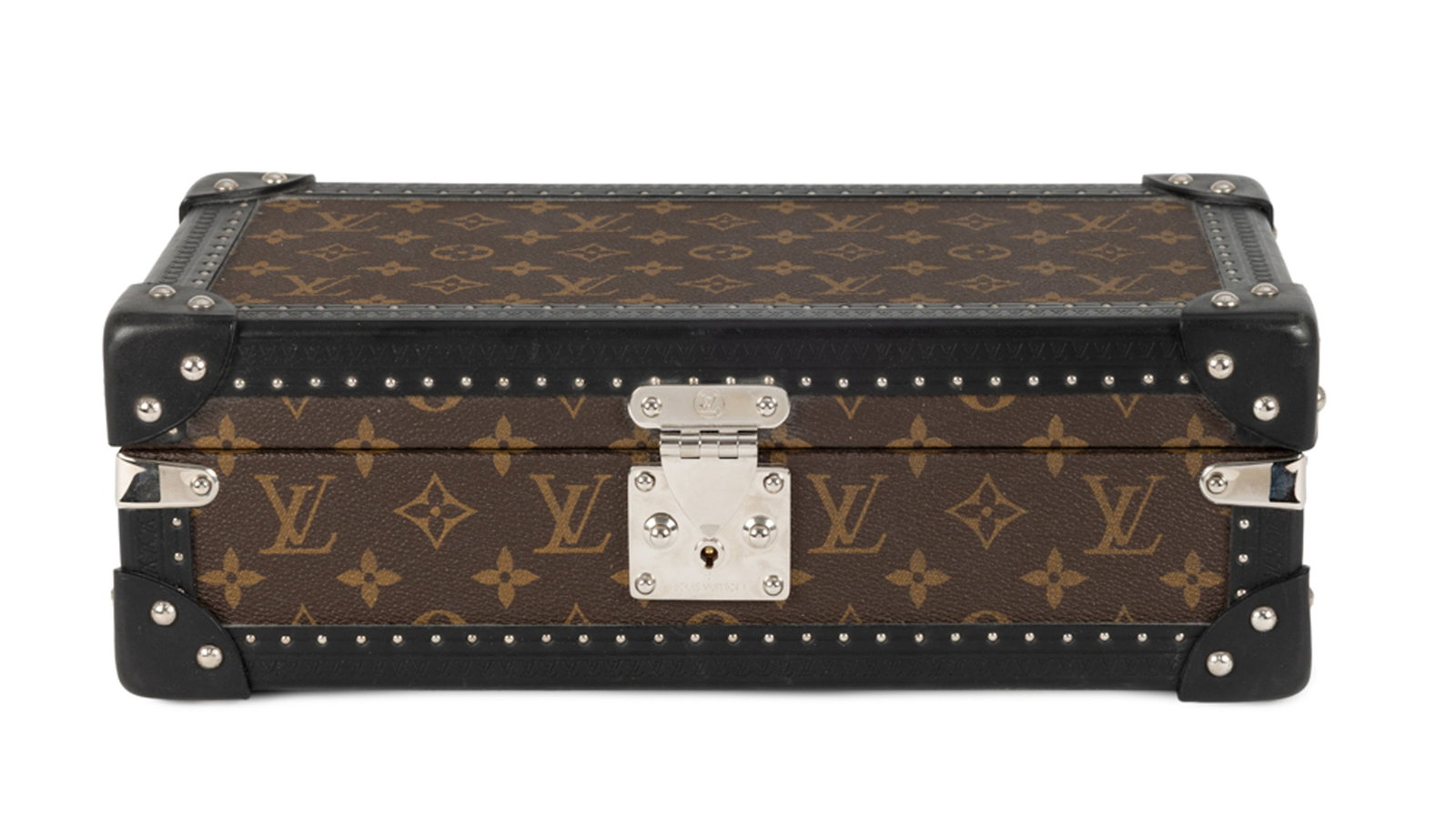 Louis Vuitton, coffret 8 montres en toile enduite monogrammée macassar, cornières et coins: Louis Vuitton, coffret 8 montres en toile enduite monogrammée macassar, cornières et coins noirs, clous, serrure et équerres en métal de couleur argenté, intérieur en alc