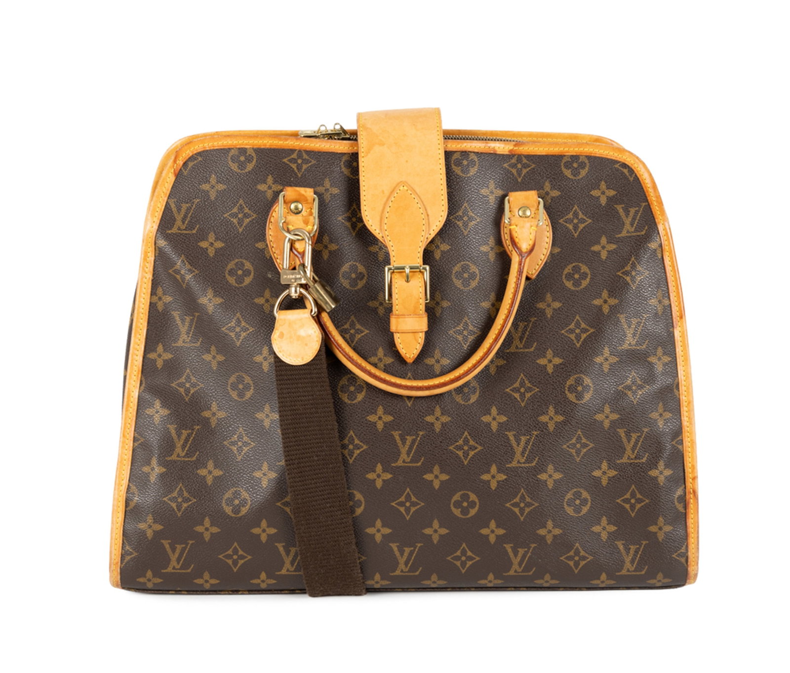 Louis Vuitton, sac Rivoli en toile Monogram et cuir naturel, garnitures en métal doré, dou: Louis Vuitton, sac Rivoli en toile Monogram et cuir naturel, garnitures en métal doré, doubles anses, fermeture zippée et patte à boucle sur le devant, bandoulière amovible,