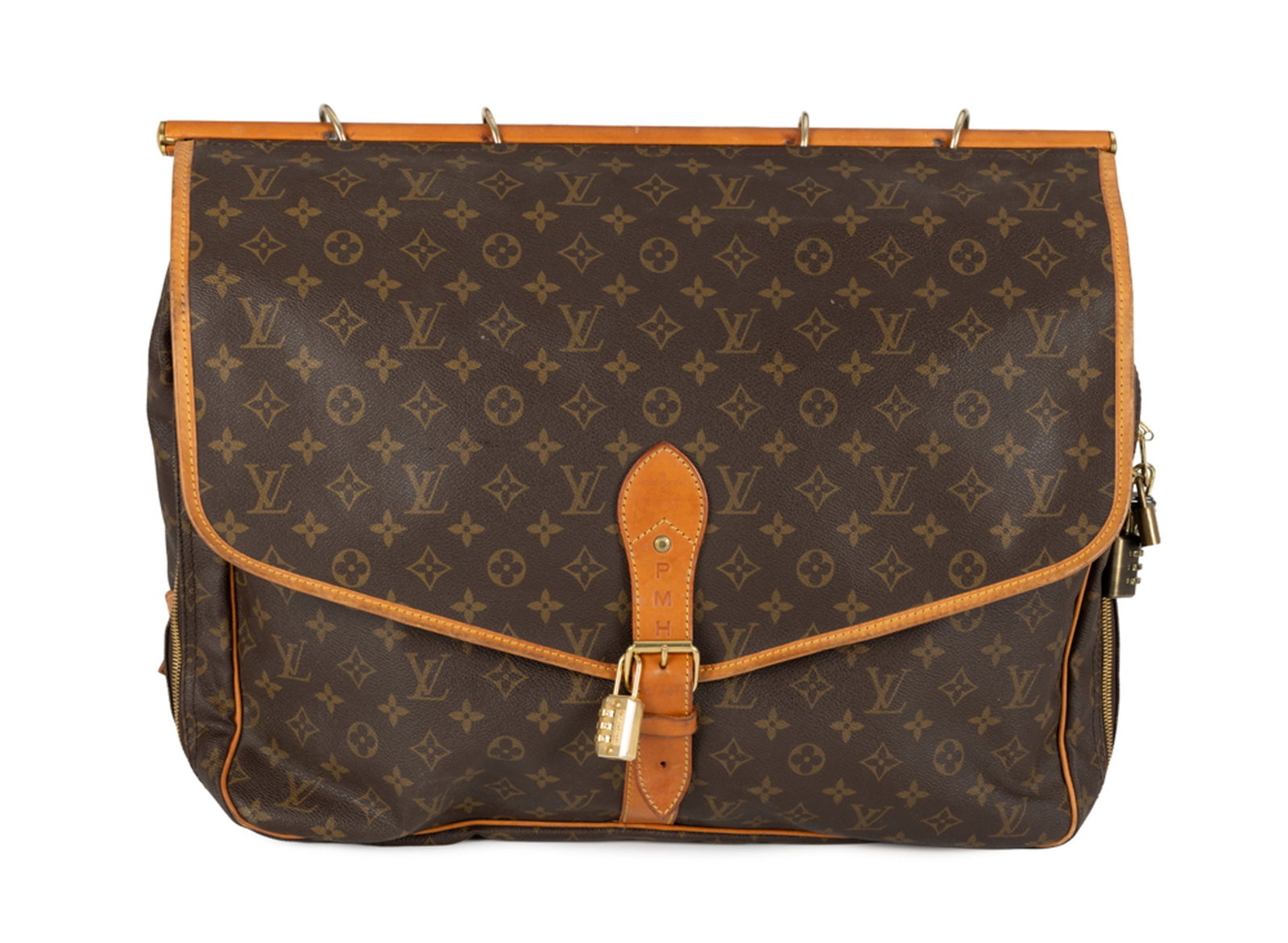 Louis Vuitton, sac Chasse en toile Monogram et cuir naturel, garnitures en métal doré, poi: Louis Vuitton, sac Chasse en toile Monogram et cuir naturel, garnitures en métal doré, poignée supérieure, double fermeture à boucle et poches extérieures, bandouliè