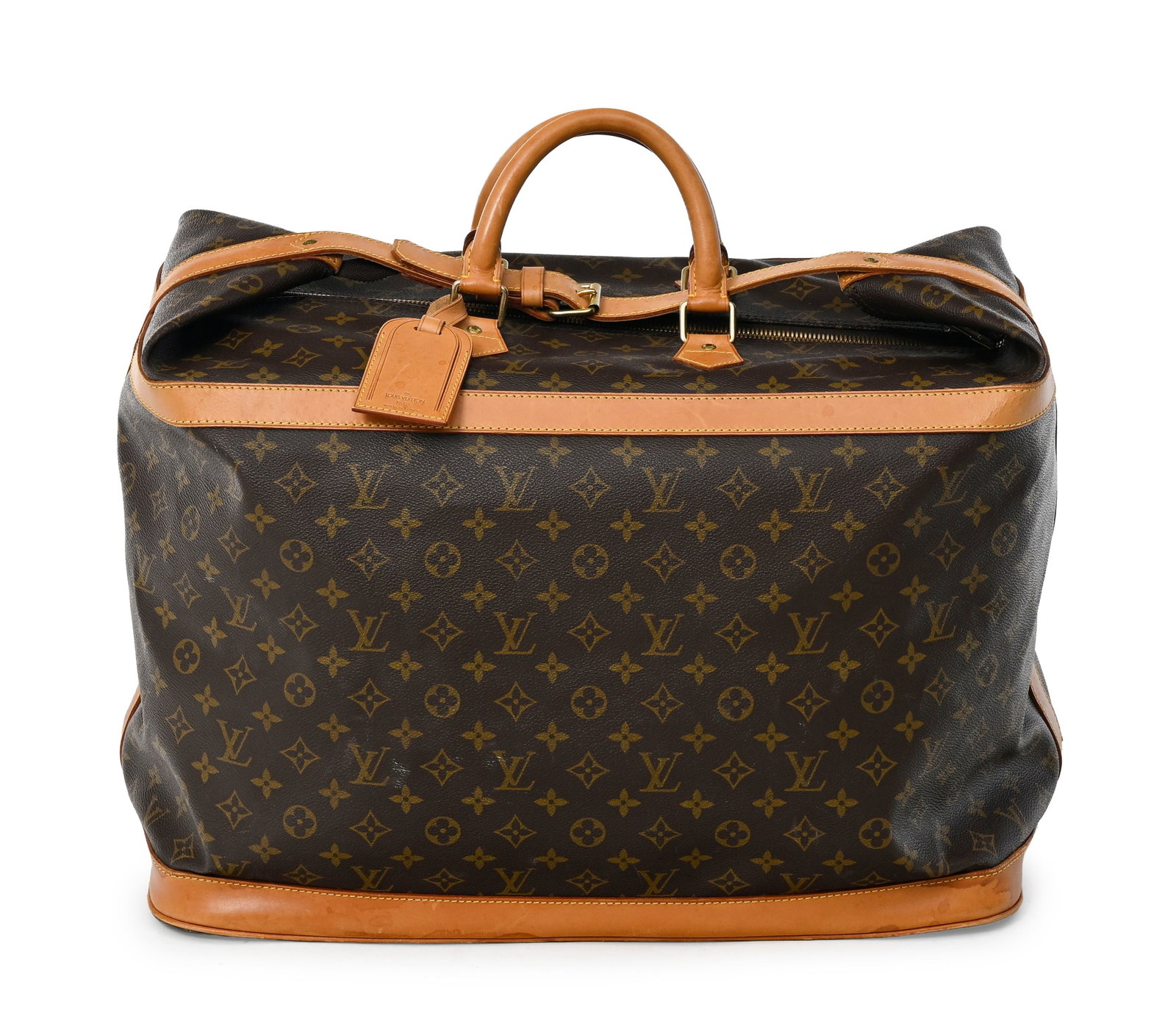Louis Vuitton, sac de voyage Steamer en toile Monogram et cuir naturel, garnitures en métal dor: Louis Vuitton, sac de voyage Steamer en toile Monogram et cuir naturel, garnitures en métal doré, poignée supérieure, fermeture zippée et sangle de maintien, 32x50x27 cm