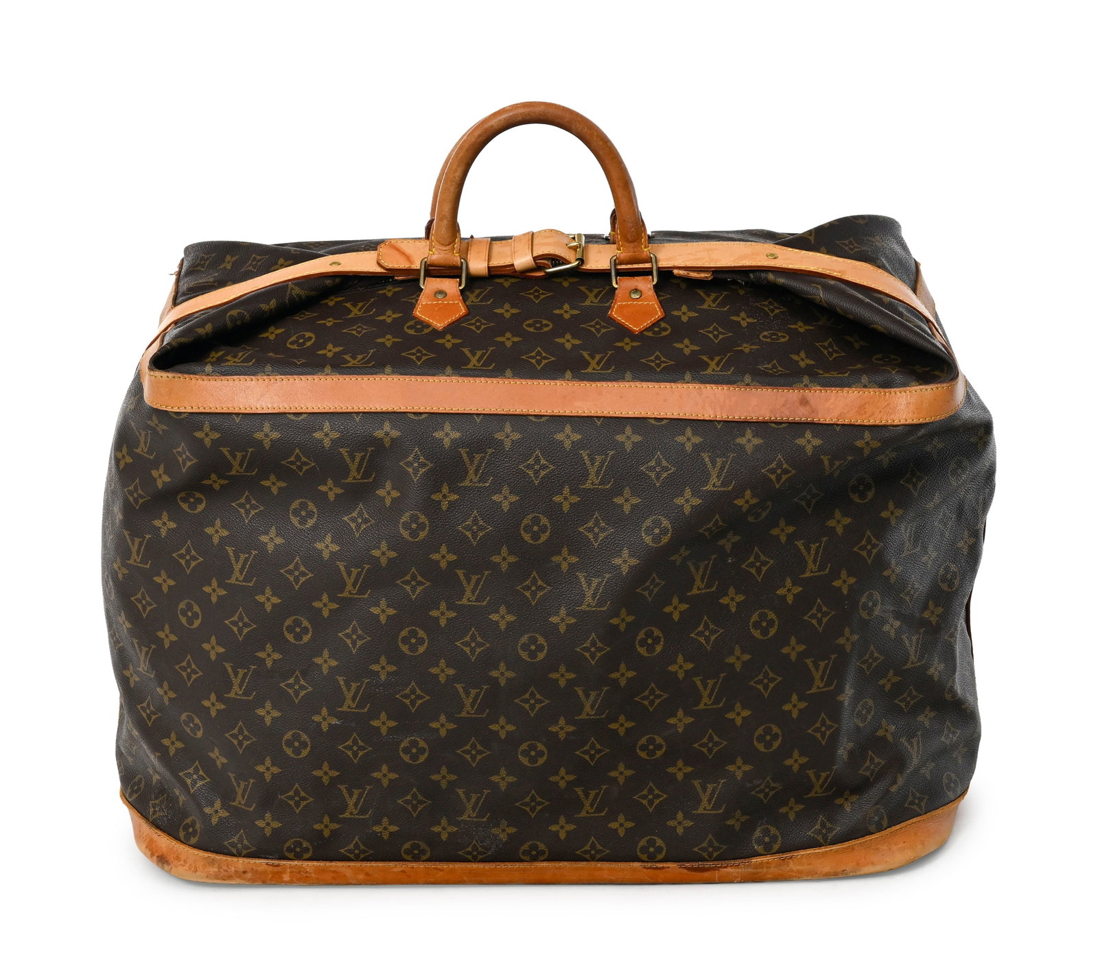 Louis Vuitton, sac de voyage Steamer en toile Monogram et cuir naturel, garnitures en métal dor: Louis Vuitton, sac de voyage Steamer en toile Monogram et cuir naturel, garnitures en métal doré, poignée supérieure, fermeture zippée et sangle de maintien, made in USA, 38x5