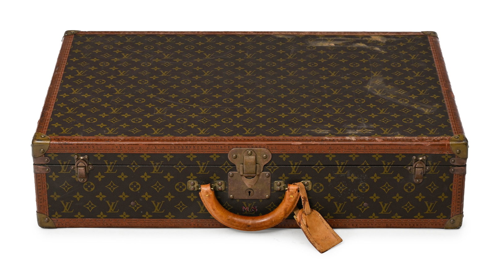Louis Vuitton, valise rigide Bisten 75 en toile enduite Monogram, poignée en cuir, cornièr: Louis Vuitton, valise rigide Bisten 75 en toile enduite Monogram, poignée en cuir, cornières en lozine, coins, équerres et serrure en laiton, 49x75x18 cm