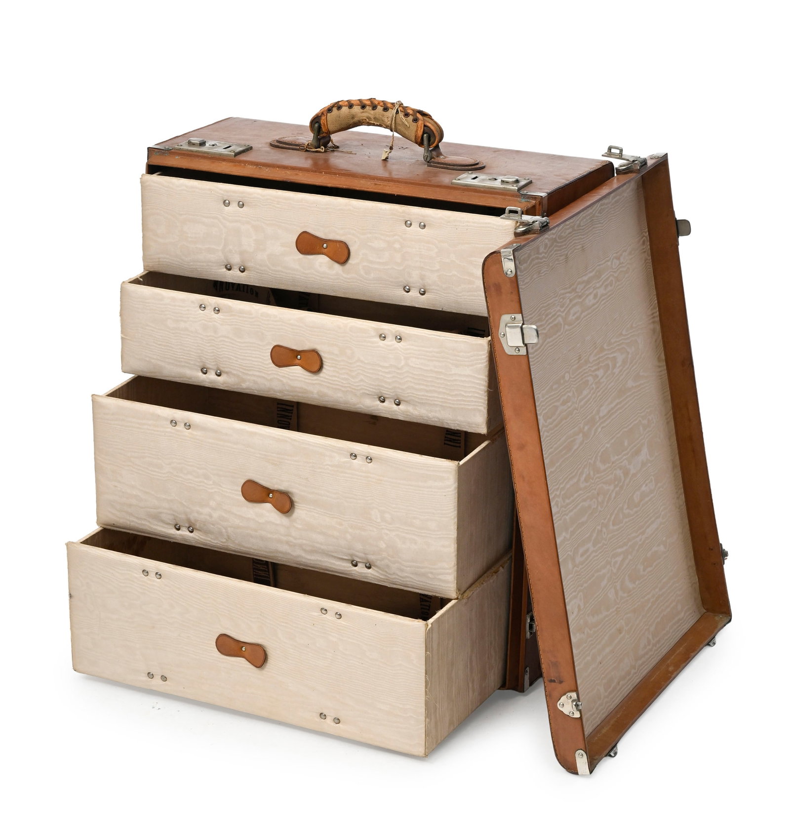 Guccio Gucci, Firenze Roma, malle garde-robe de voyage vintage en cuir naturel ouvrant sur 4 tiroirs: Guccio Gucci, Firenze Roma, malle garde-robe de voyage vintage en cuir naturel ouvrant sur 4 tiroirs avec revêtement en soie moiré, housse de protection, marque G Gucci, Firenze Roma