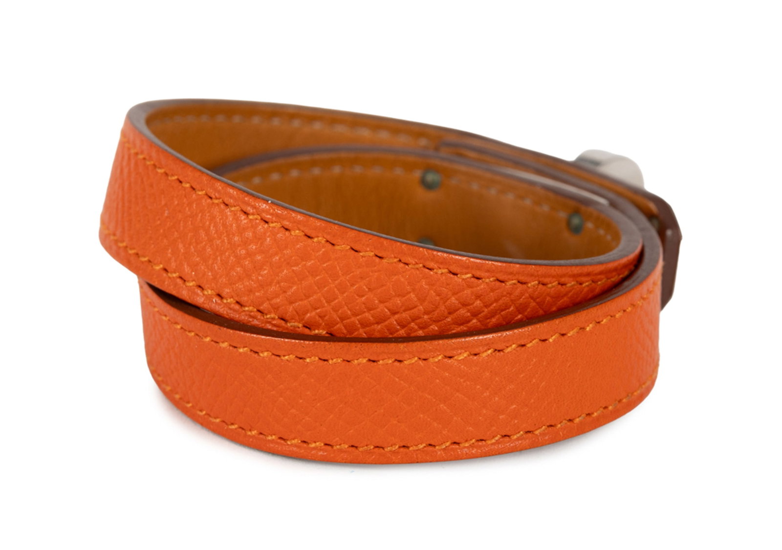 Hermès, bracelet Kelly Double Tour en cuir Epsom orange, bijouterie couleur argent, long.34 cm, - 2