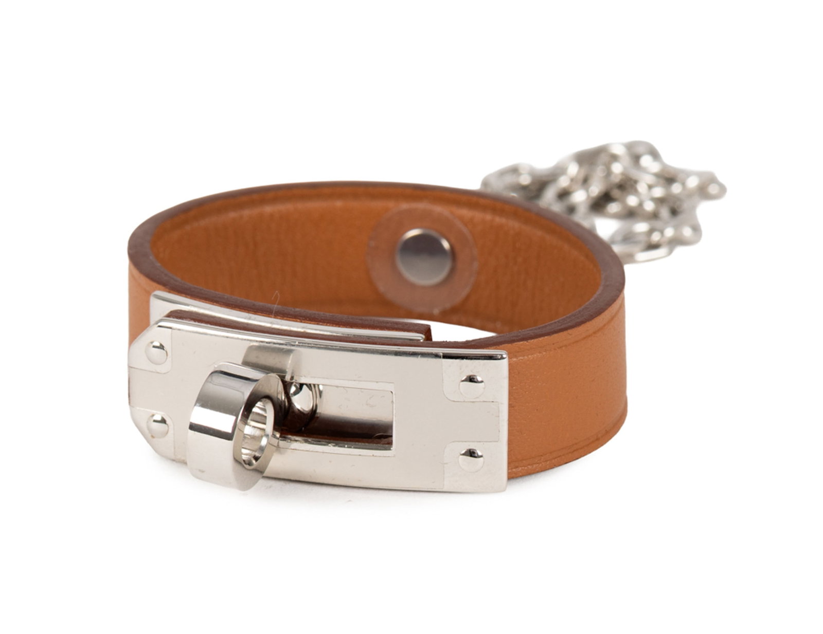 Hermès, attache porte-gants en cuir naturel avec bijouterie couleur argent, pochette, boît: Hermès, attache porte-gants en cuir naturel avec bijouterie couleur argent, pochette, boîte
