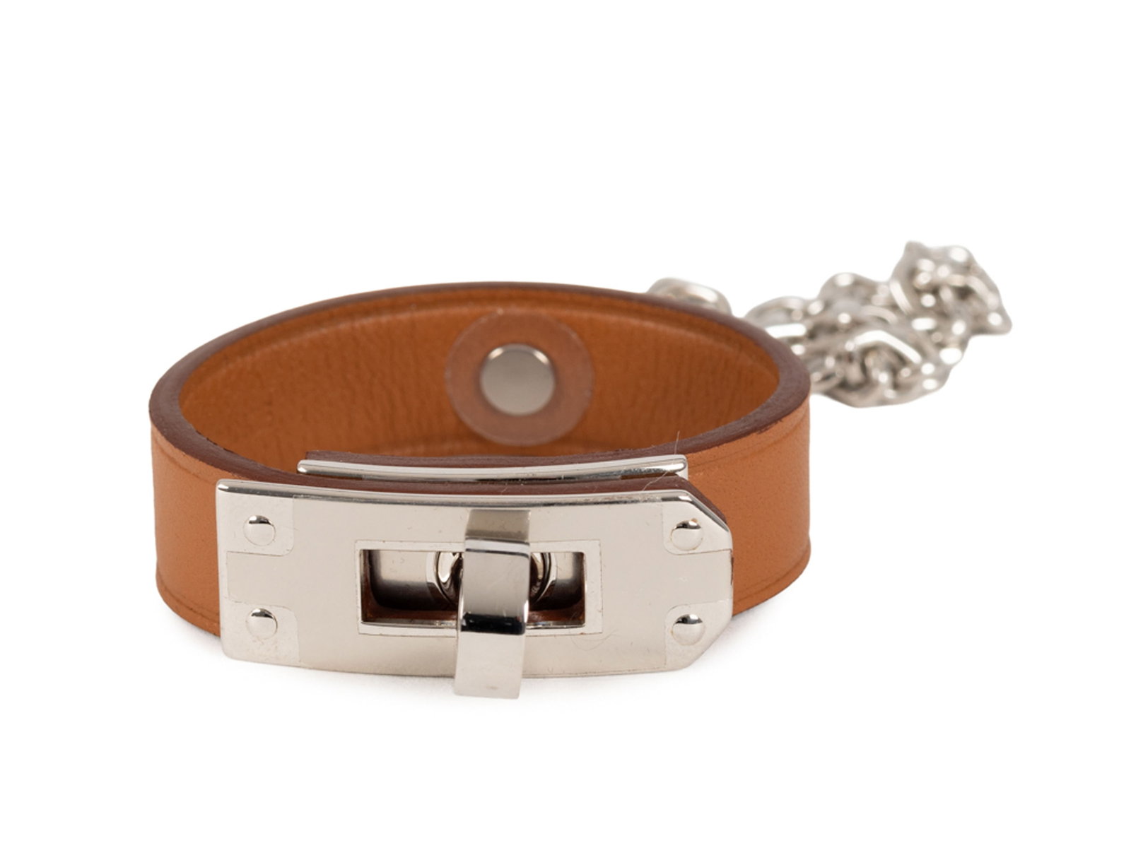 Hermès, attache porte-gants en cuir naturel avec bijouterie couleur argent, pochette, boît - 2