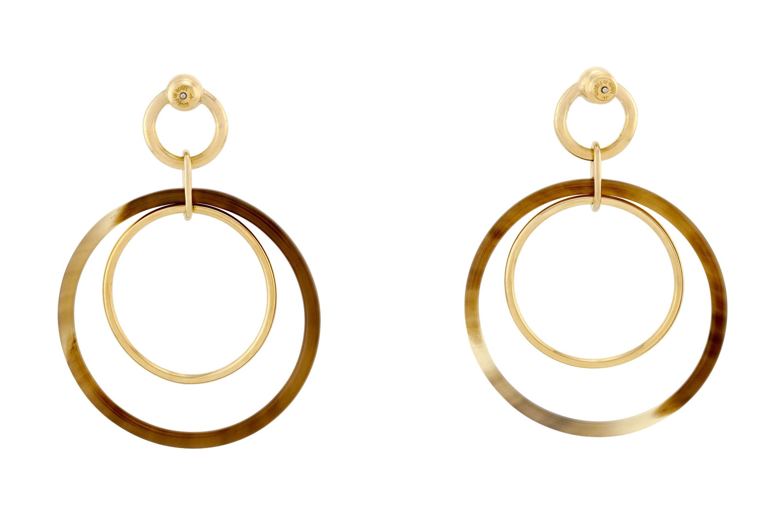 Hermès, Amulet Duo, paire de pendants d'oreilles en métal doré retenant deux anneaux  - 3