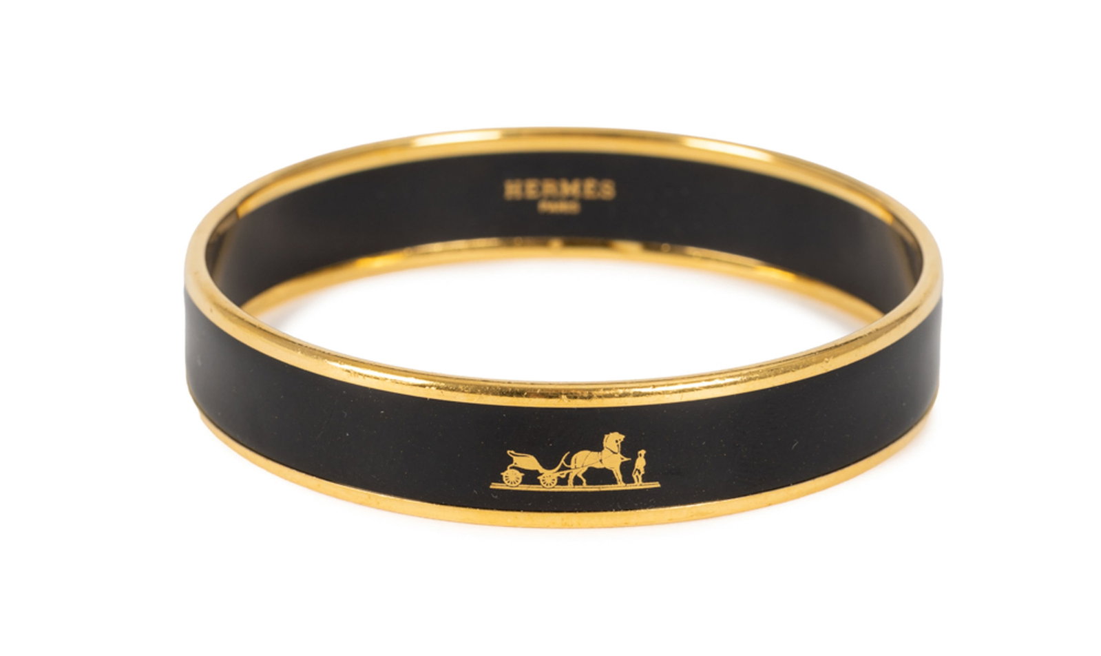 Hermès, bracelet émail noir motif Calèche, made in Austria, taille M: Hermès, bracelet émail noir motif Calèche, made in Austria, taille M