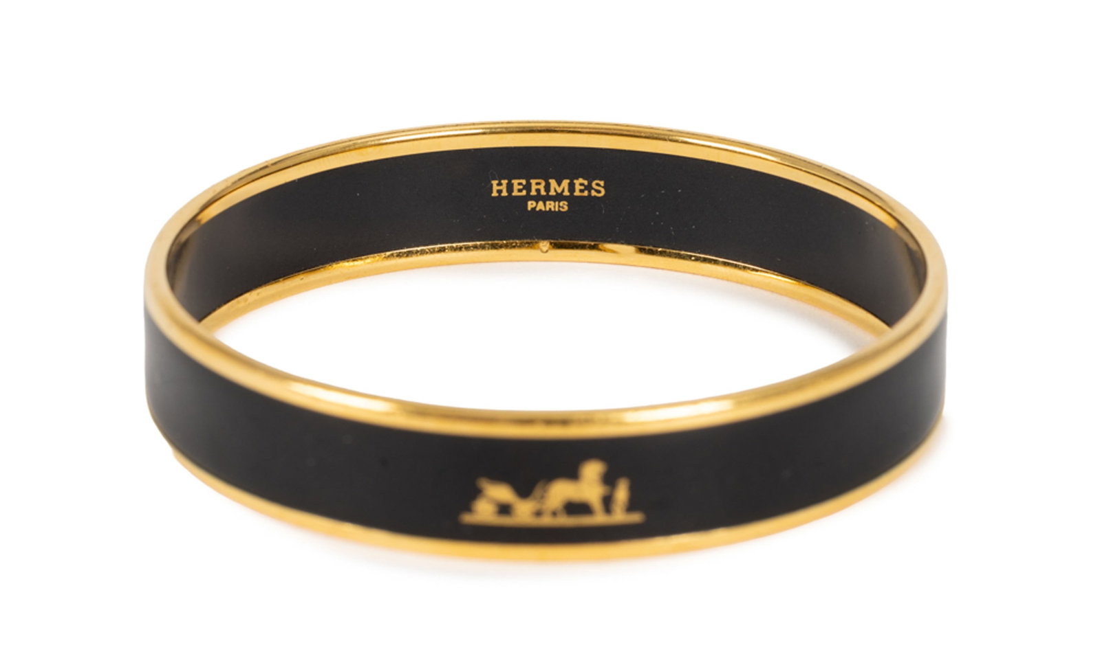 Hermès, bracelet émail noir motif Calèche, made in Austria, taille M - 2