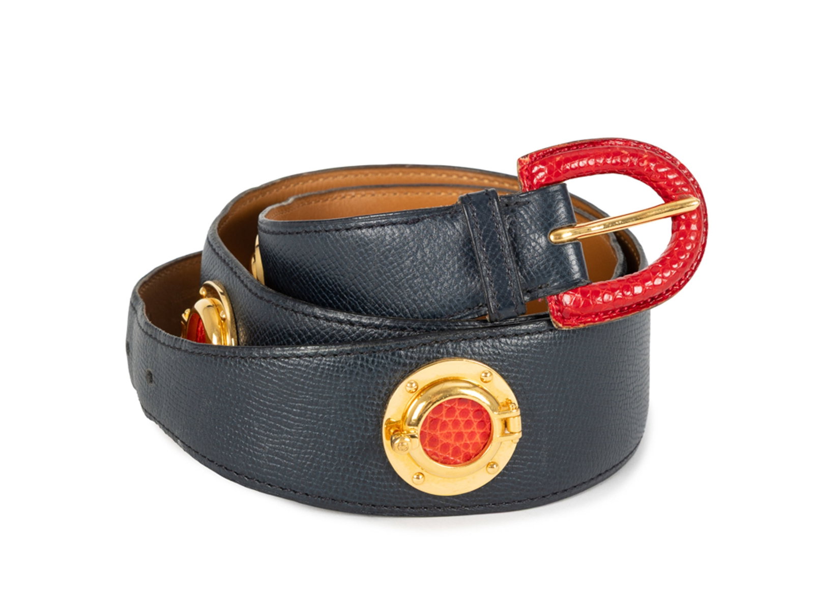 Hermès, ceinture en cuir Epsom bleu marine et hublots en métal doré garnis de lé: Hermès, ceinture en cuir Epsom bleu marine et hublots en métal doré garnis de lézard rouge, T80 Provenance + Des restrictions d’exportation ou d’expédition