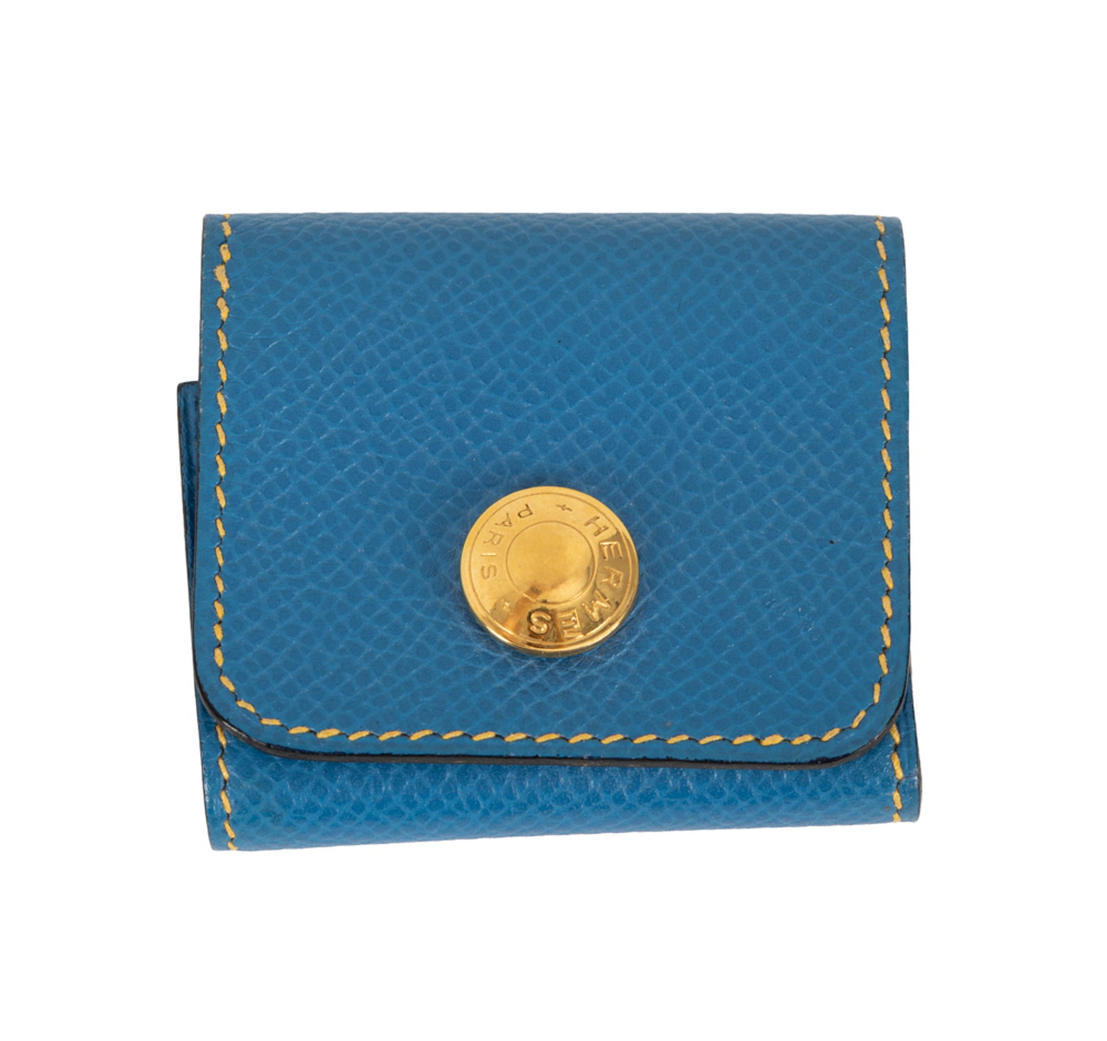 Hermès, Aladji porte post-it en cuir bleu Hydra, bouton Sellier, intérieur jaune: Hermès, Aladji porte post-it en cuir bleu Hydra, bouton Sellier, intérieur jaune
