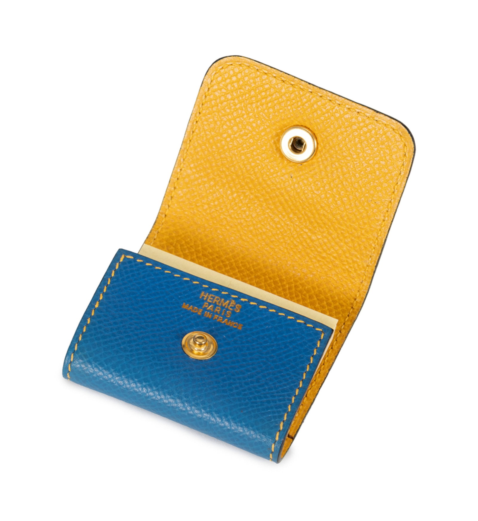 Hermès, Aladji porte post-it en cuir bleu Hydra, bouton Sellier, intérieur jaune - 2