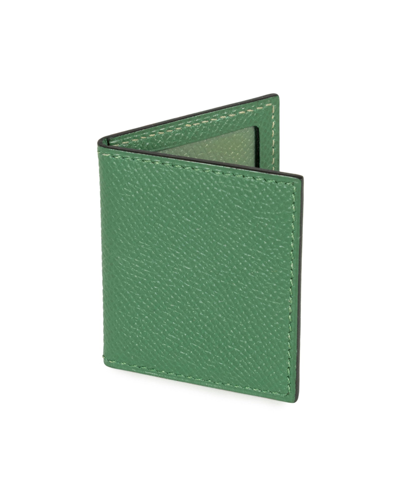 Hermès, porte photo en cuir Epsom vert, pour deux photos 4,5x3,5 cm, fermé 6x5 cm: Hermès, porte photo en cuir Epsom vert, pour deux photos 4,5x3,5 cm, fermé 6x5 cm