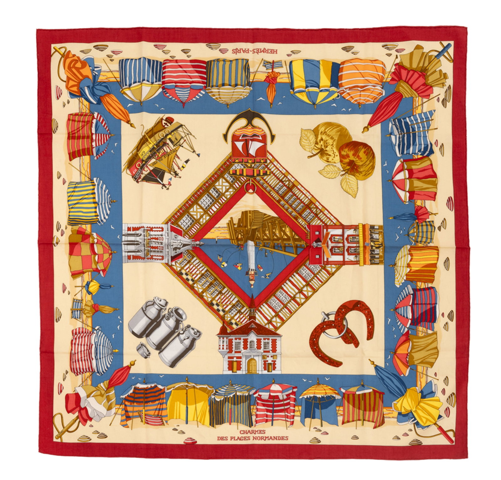 Hermès, carré en twill de coton imprimé: Charmes de plages Normandes, bord rouge, des: Hermès, carré en twill de coton imprimé: Charmes de plages Normandes, bord rouge, dessin de Loïc Dubigeon, 1999, 65x65 cm Condition Attention: ce carré est en coton 100%