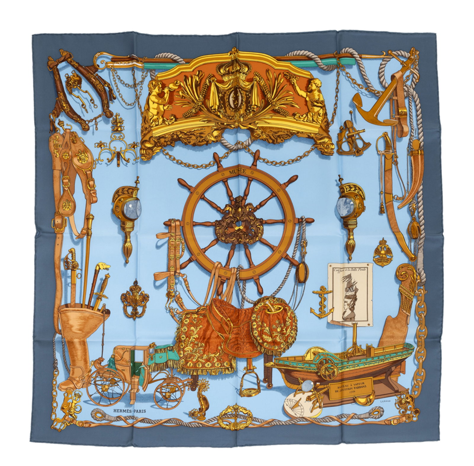 Hermès, carré en twill de soie imprimée: Musée, fond bleu, boîte, 90x90 cm: Hermès, carré en twill de soie imprimée: Musée, fond bleu, boîte, 90x90 cm