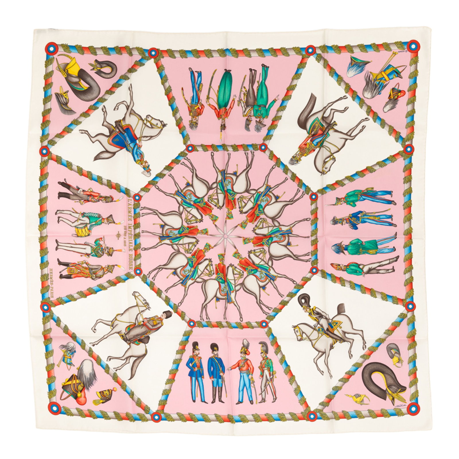Hermès, carré en twill de soie imprimée: L'armée impériale russe 1816-1916,: Hermès, carré en twill de soie imprimée: L'armée impériale russe 1816-1916, fond écru, boîte, 90x90 cm