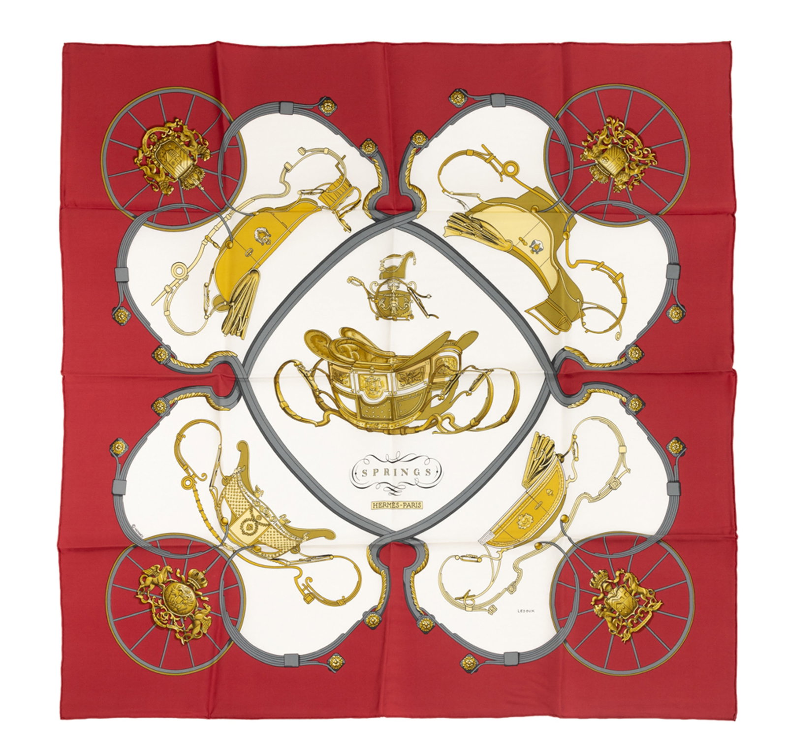 Hermès, carré en twill de soie imprimée: Springs, bord bordeaux, boîte, 90x90 cm: Hermès, carré en twill de soie imprimée: Springs, bord bordeaux, boîte, 90x90 cm