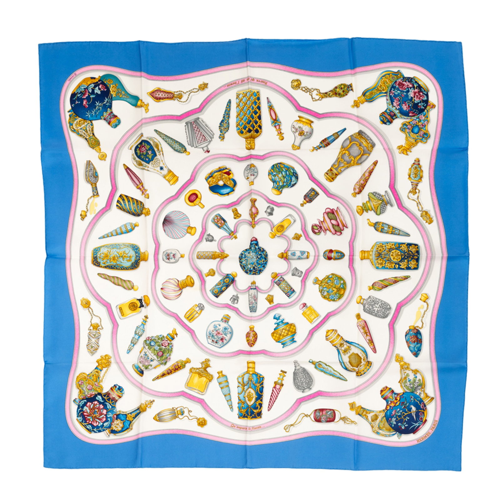 Hermès, carré en twill de soie imprimée: Pourvu qu'on ait l'ivresse, bord bleu ciel, : Hermès, carré en twill de soie imprimée: Pourvu qu'on ait l'ivresse, bord bleu ciel, boîte, 90x90 cm