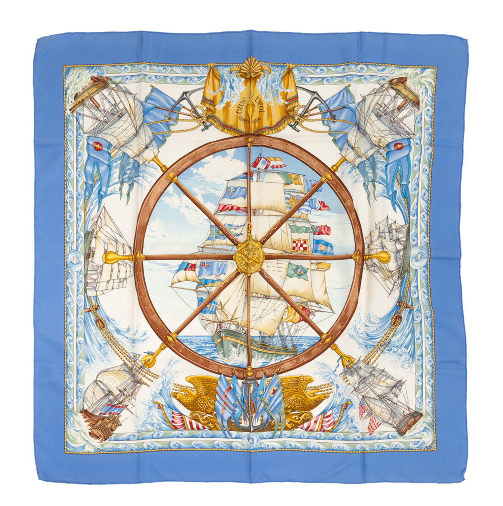 Hermès, carré en twill de soie imprimée: Vive le vent, bord bleu, boîte, 90x90 c: Hermès, carré en twill de soie imprimée: Vive le vent, bord bleu, boîte, 90x90 cm Condition Lavé - soie n'est pas rigide mais très souple Trace de fond de teint sur la