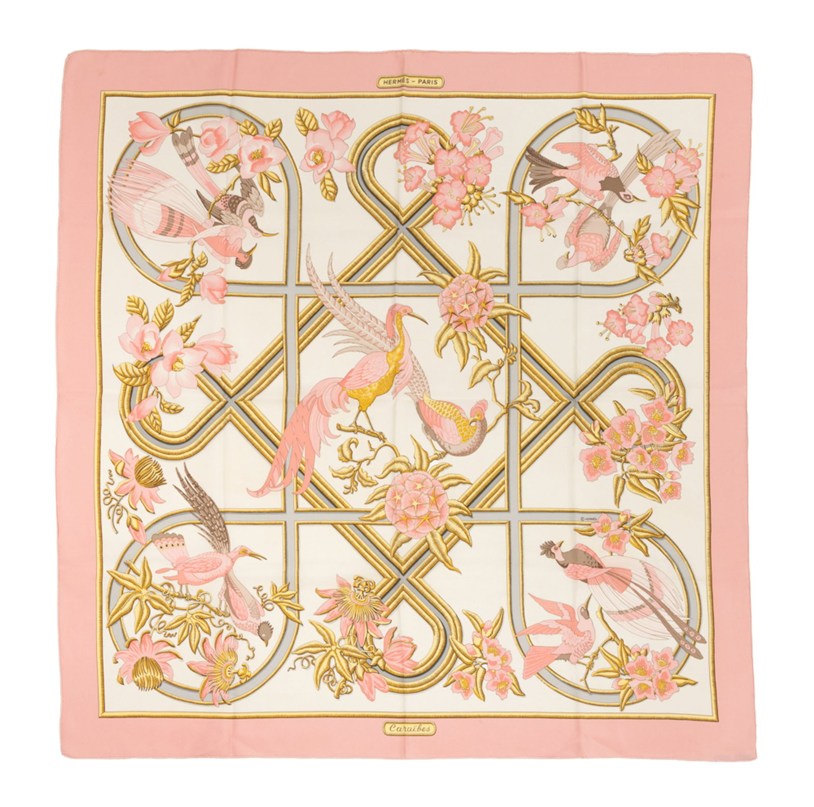 Hermès, carré en twill de soie imprimée: Caraïbes, bord rose bonbon, 90x90 cm: Hermès, carré en twill de soie imprimée: Caraïbes, bord rose bonbon, 90x90 cm Condition Lavé donc très souple Trace de quelques petites taches au bord