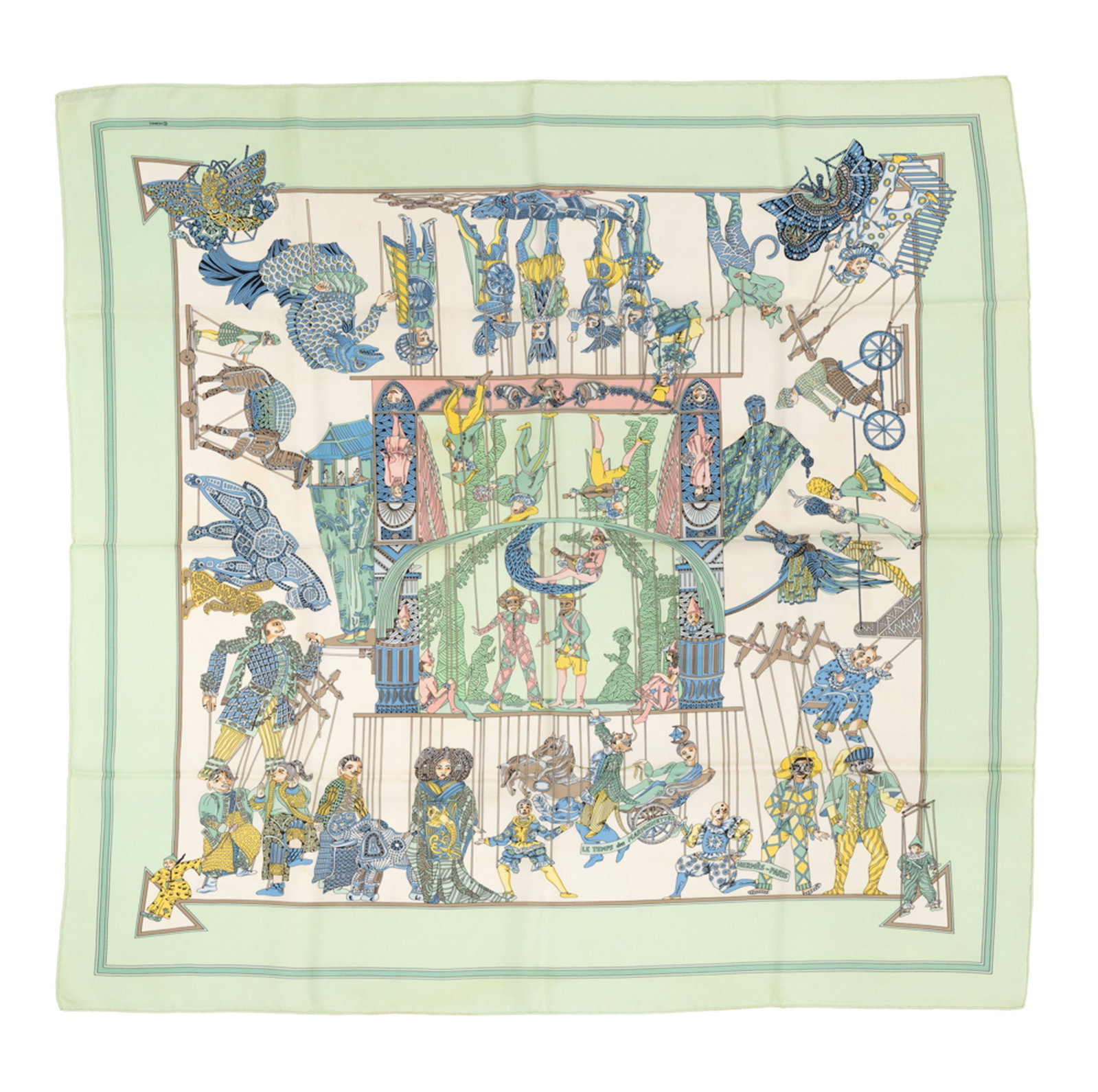 Hermès, carré en twill de soie imprimée: Le temps des marionnettes, bord vert clair, : Hermès, carré en twill de soie imprimée: Le temps des marionnettes, bord vert clair, 90x90 cm