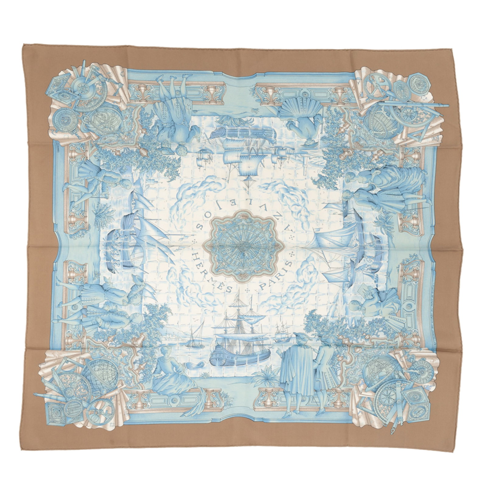 Hermès, carré en twill de soie imprimée: Azvlejos, bord étoupe, 90x90 cm: Hermès, carré en twill de soie imprimée: Azvlejos, bord étoupe, 90x90 cm
