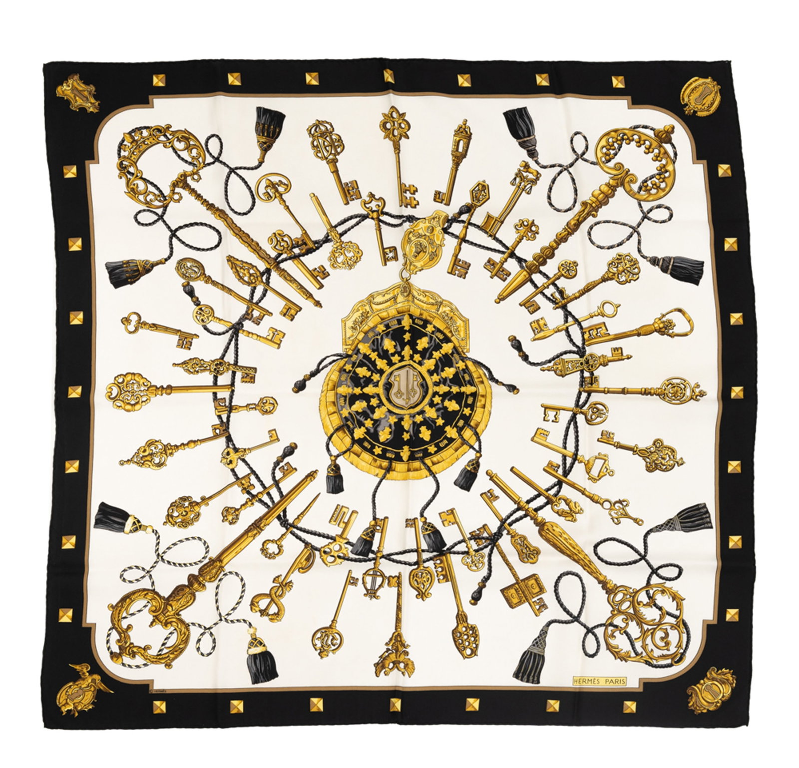 Hermès, carré en twill de soie imprimée: Les clefs, bord noir, 90x90 cm: Hermès, carré en twill de soie imprimée: Les clefs, bord noir, 90x90 cm