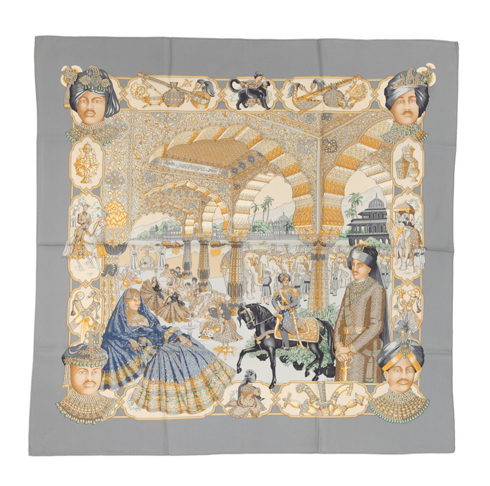 Hermès, carré en twill de soie imprimée: Maharajas, bord gris, 90x90 cm: Hermès, carré en twill de soie imprimée: Maharajas, bord gris, 90x90 cm