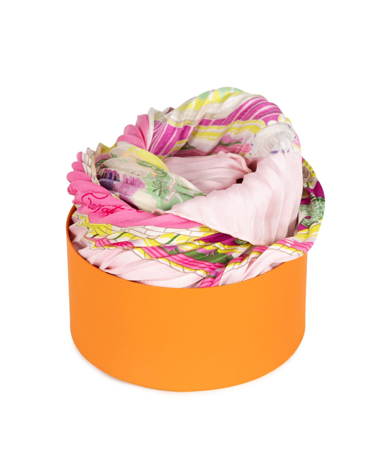 Hermès, carré en twill de soie plissée et imprimée: îles Vanikoro ou de la : Hermès, carré en twill de soie plissée et imprimée: îles Vanikoro ou de la Pérouse, fond rose clair, boîte ronde, 90x90 cm