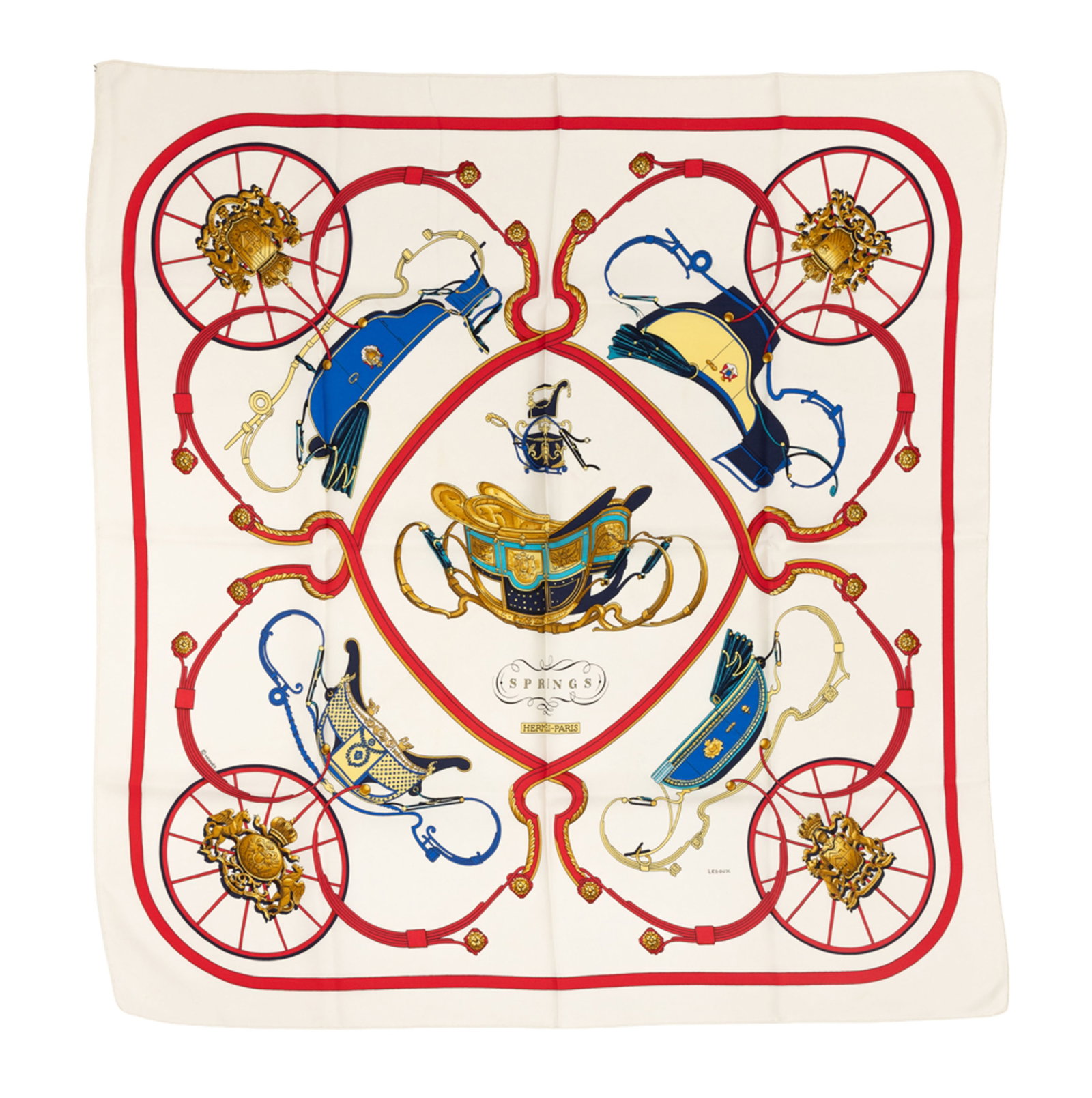 Hermès, carré en twill de soie imprimée: Springs, fond écru, boîte, 90x90 c: Hermès, carré en twill de soie imprimée: Springs, fond écru, boîte, 90x90 cm