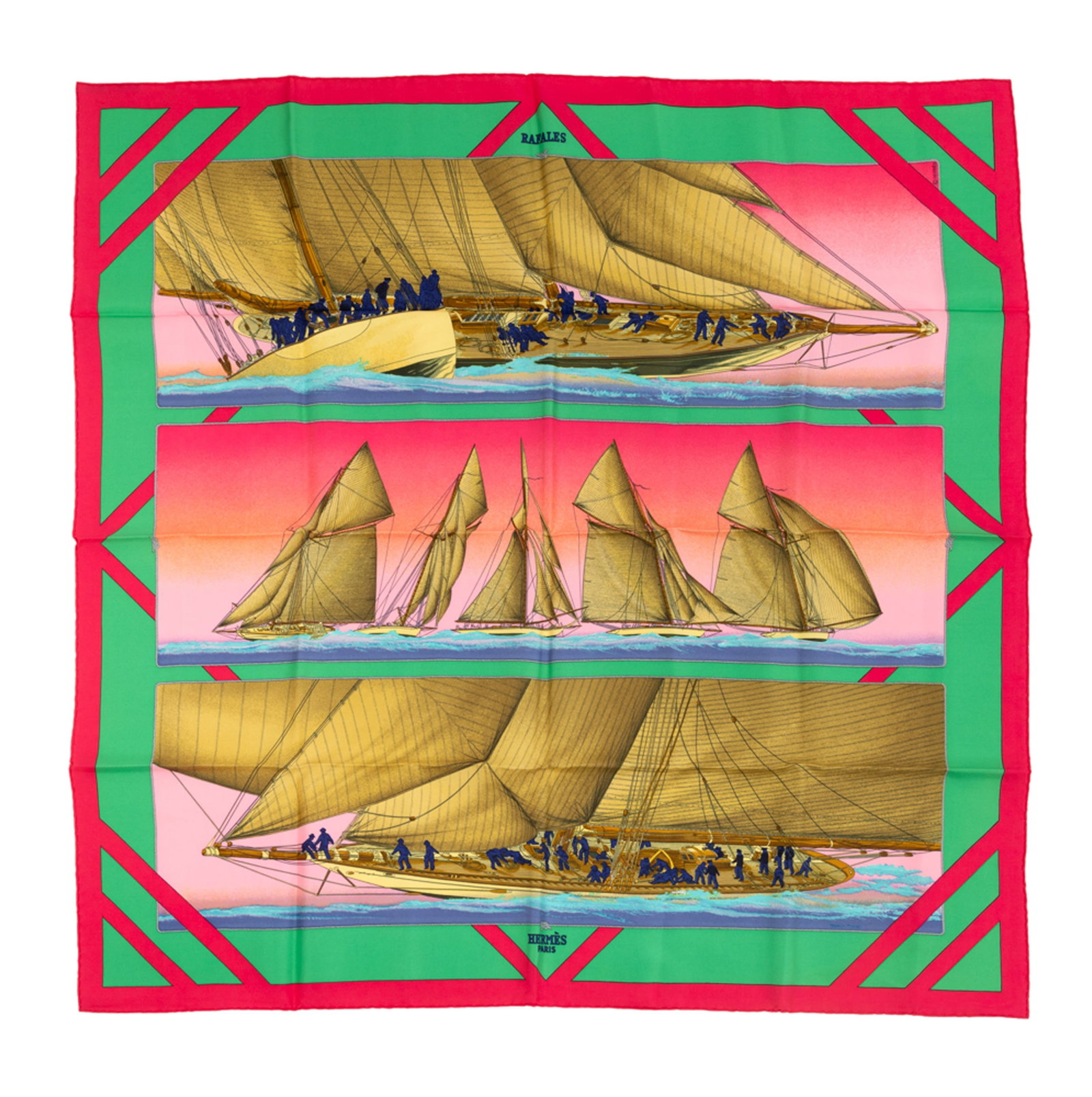 Hermès, carré en twill de soie imprimée: Rafales, Bord rose vif, boîte, 90x90 cm: Hermès, carré en twill de soie imprimée: Rafales, Bord rose vif, boîte, 90x90 cm