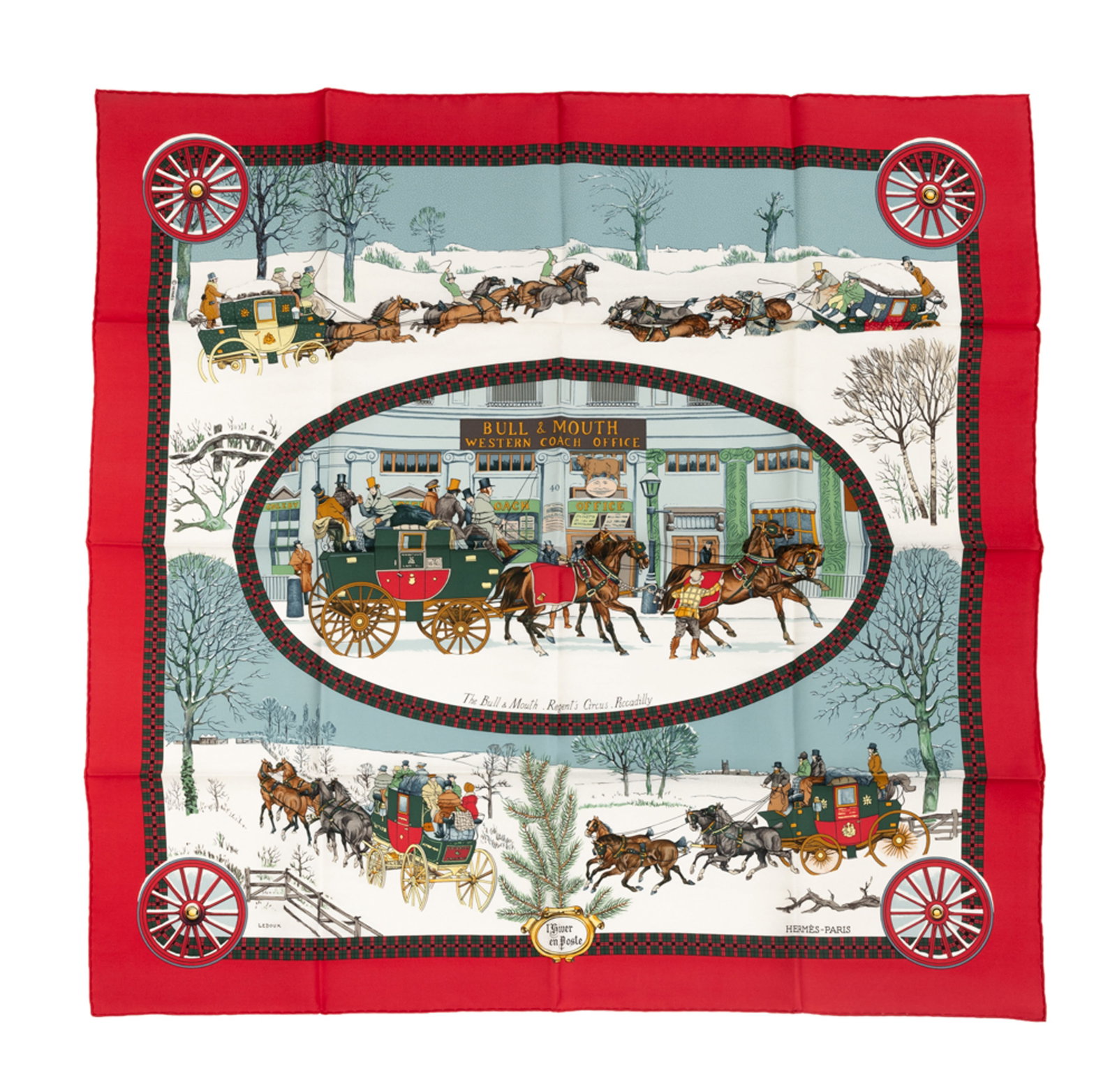 Hermès, carré en twill de soie imprimée: L'hiver en Poste, bord cramoisi, boîte,: Hermès, carré en twill de soie imprimée: L'hiver en Poste, bord cramoisi, boîte, 90x90 cm