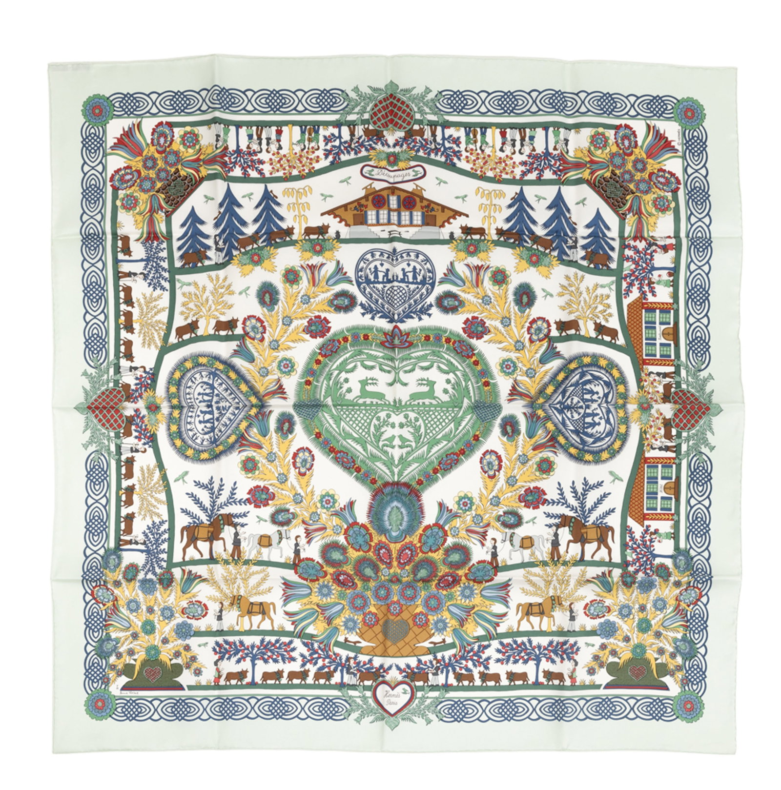Hermès, carré en twill de soie imprimée: Découpages, bord vert menthe clair, bo&: Hermès, carré en twill de soie imprimée: Découpages, bord vert menthe clair, boîte, 90x90 cm