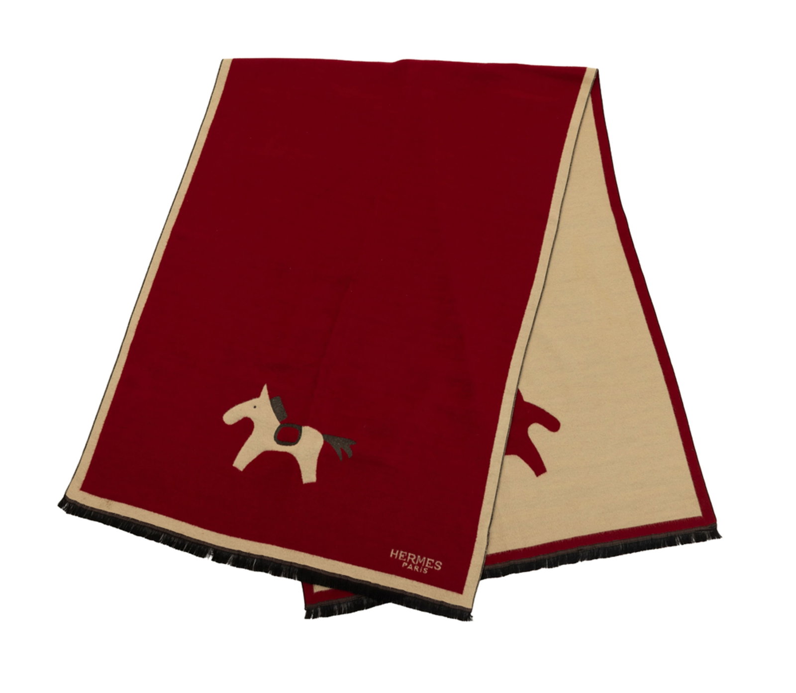 Hermès, écharpe en laine feutré et cachemire rouge doublé beige, orné d'un : Hermès, écharpe en laine feutré et cachemire rouge doublé beige, orné d'un motif de cheval, petite frange noire, 63x180 cm Condition Cet écharpe a été