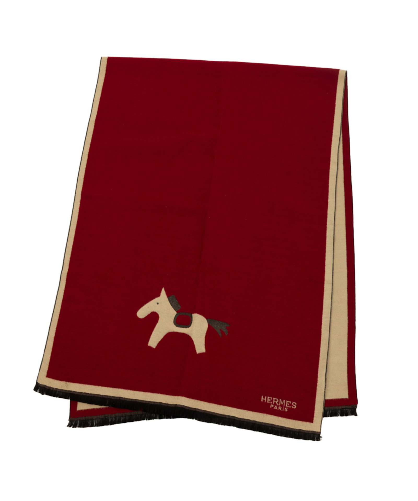 Hermès, écharpe en laine feutré et cachemire rouge doublé beige, orné d'un  - 2